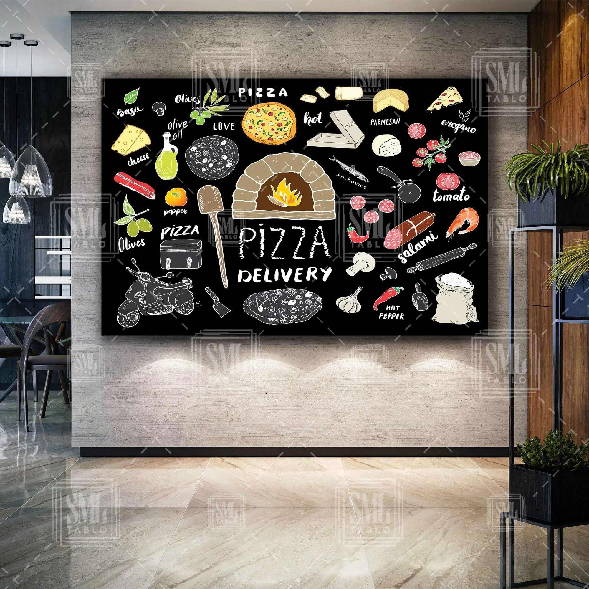 Pizza Menü Peynir Domates Parmesan Mutfak Restoran Cafe Lokanta Yatay Kanvas Tablo