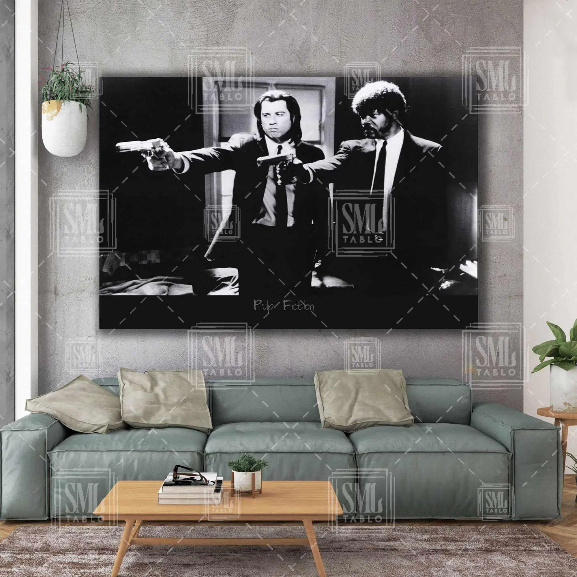 Pulp Fiction John Travolta Samuel Jackson Silah Sahnesi Retro Dekor Yatay Kanvas Tablo