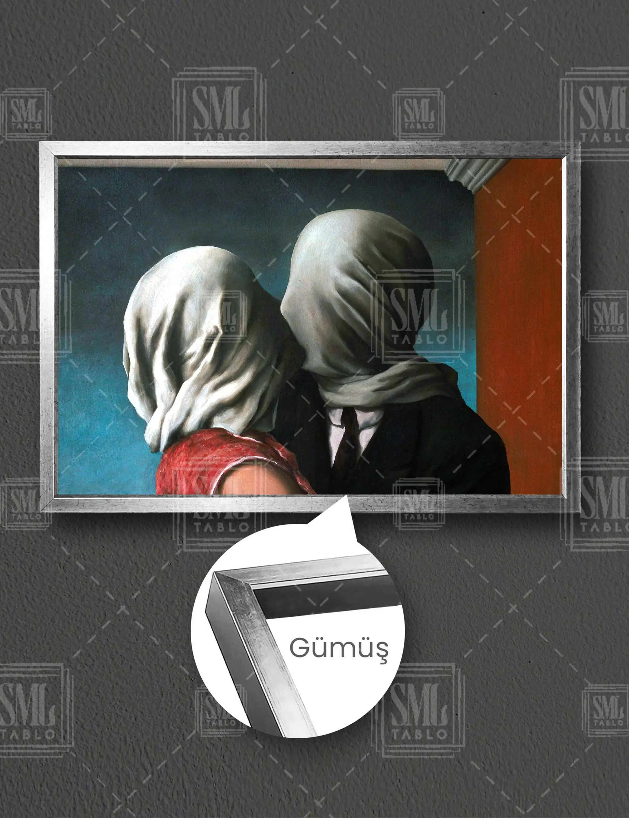 Rene Magritte Sevgililer Yüzlerinde Örtüyle Öpüşen Romantik Çift Masterpiece Çerçeveli Yatay Kanvas Tablo - Gümüş