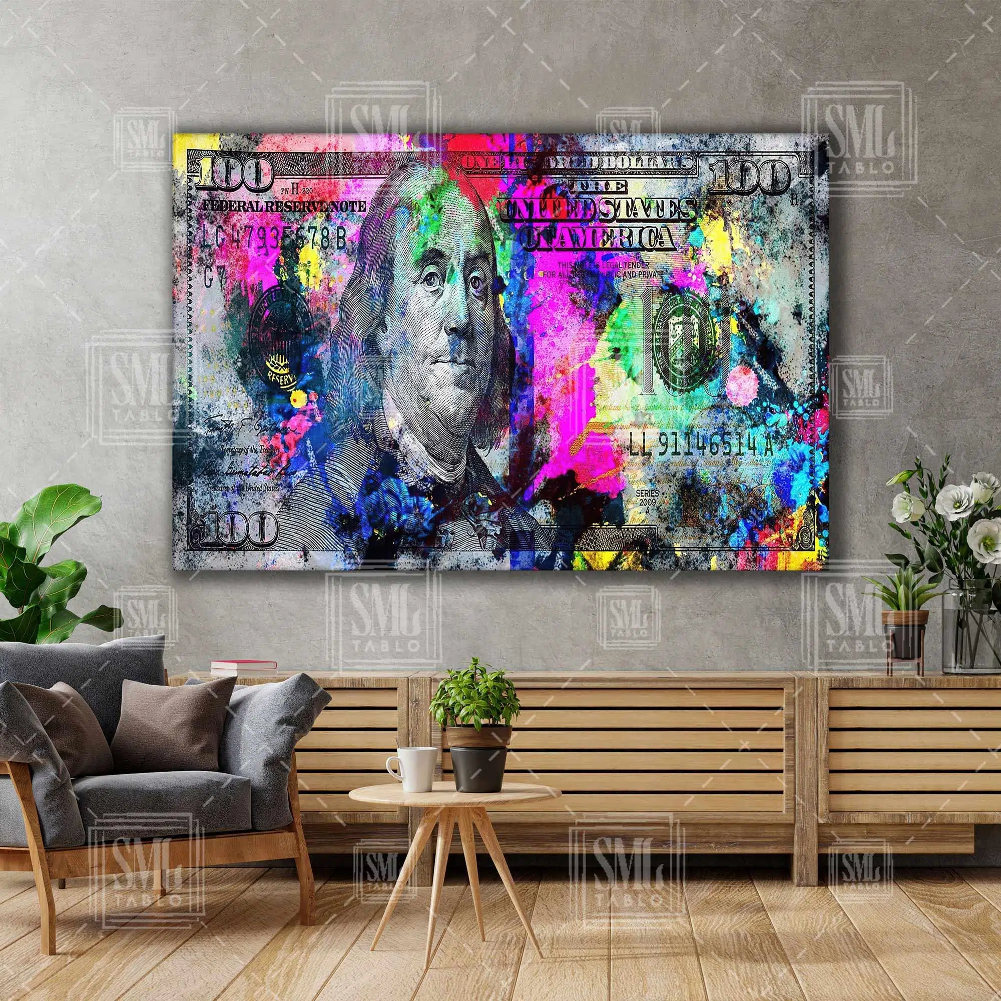 Renkli Dolar Benjamin Franklin Para Dekor Yatay Kanvas Tablo