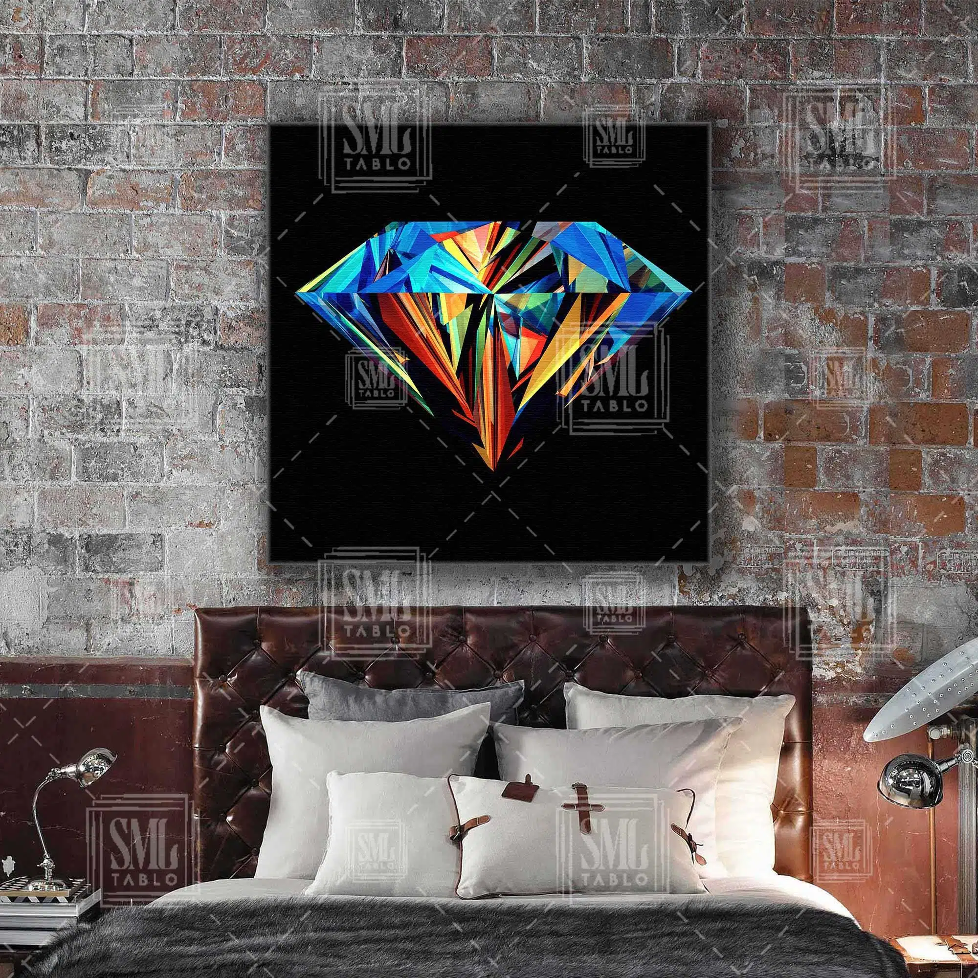 Renkli Elmas İlüstrasyon Diamond Aiyah Fon Kare Kanvas Tablo