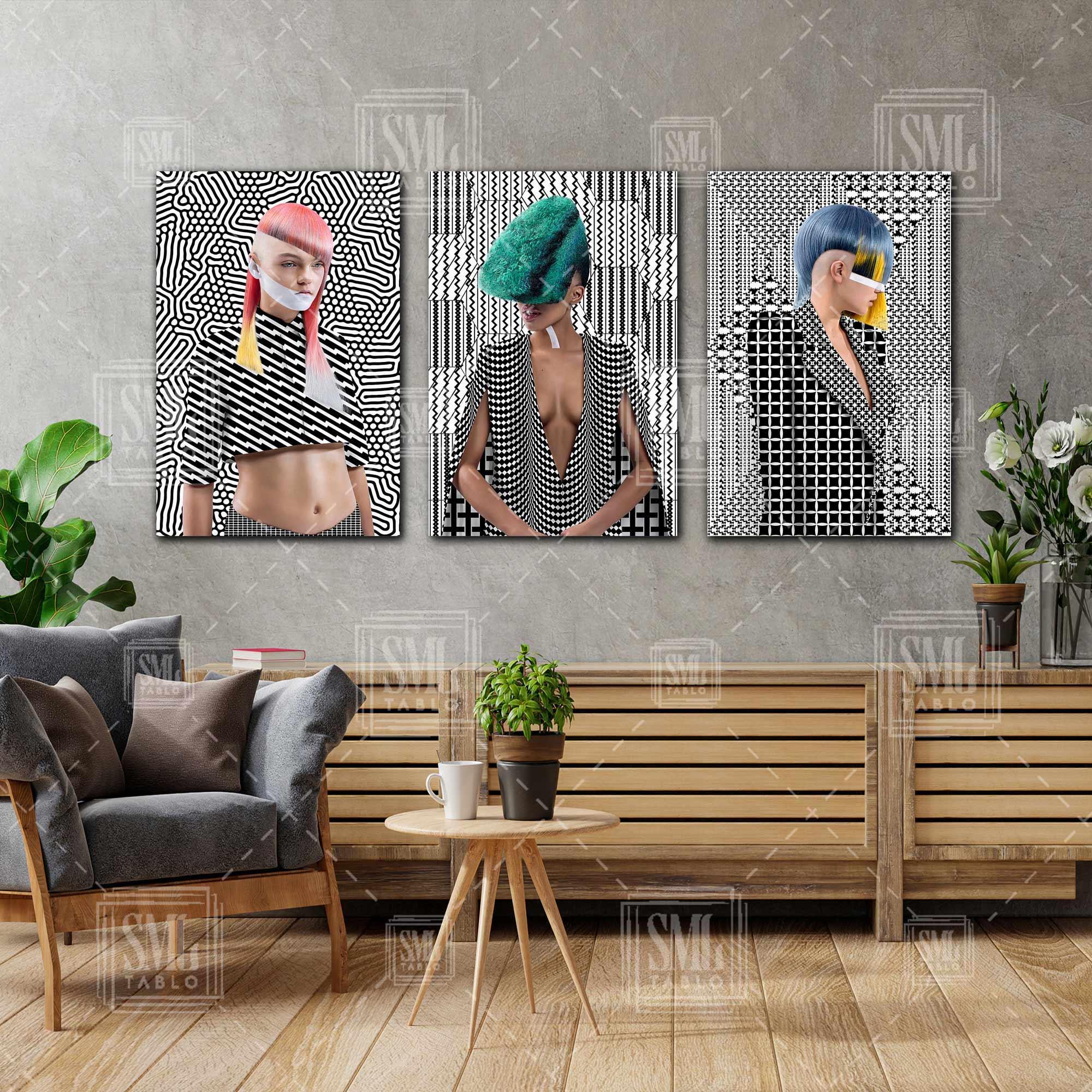 Renkli Saçlı Siyah Beyaz Desen Kıyafetli Manken Kadınlar Üçlü Kombin 3 lü Set Kanvas Tablo Renkli Saçlı Siyah Beyaz Desen Kıyafetli Manken Kadınlar Üçlü Kombin 3 lü Set Kanvas Tablo