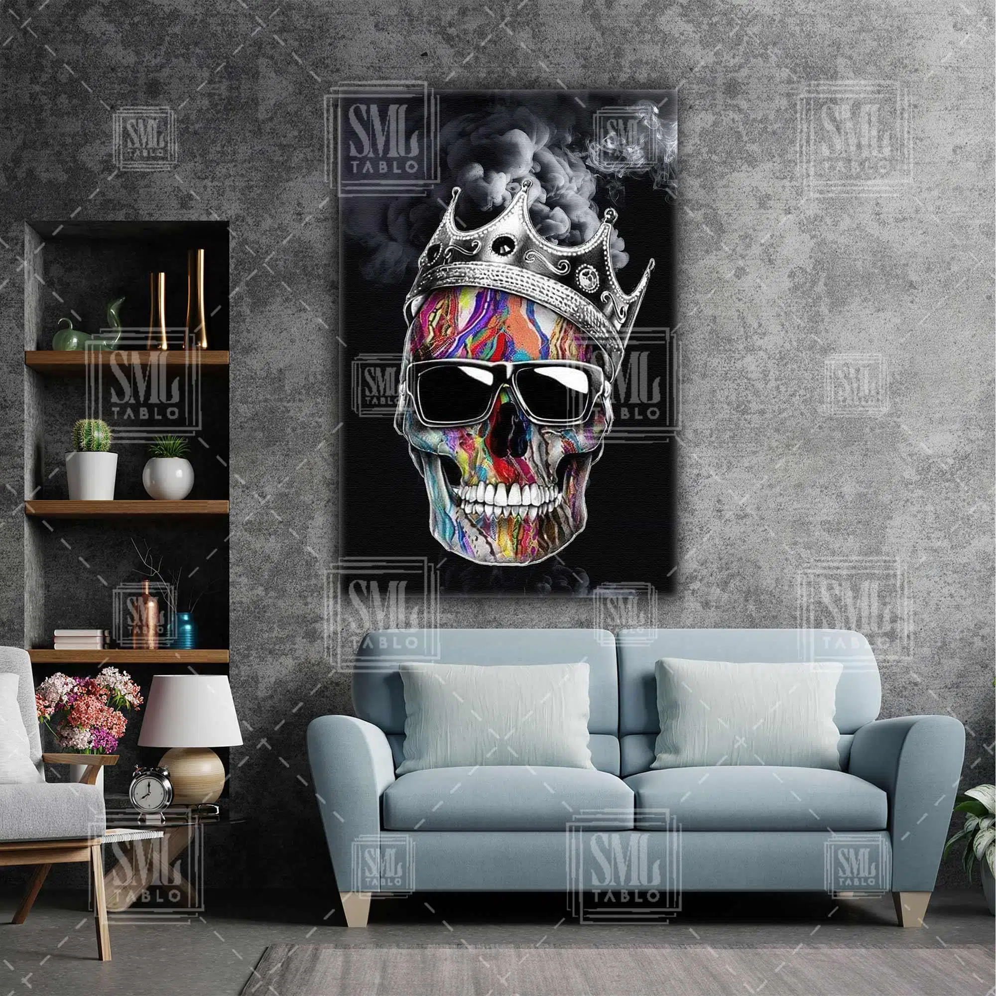 Renkli Surat Gözlük Takmış Kurukafa Taç Duman Skull Dikey Kanvas Tablo