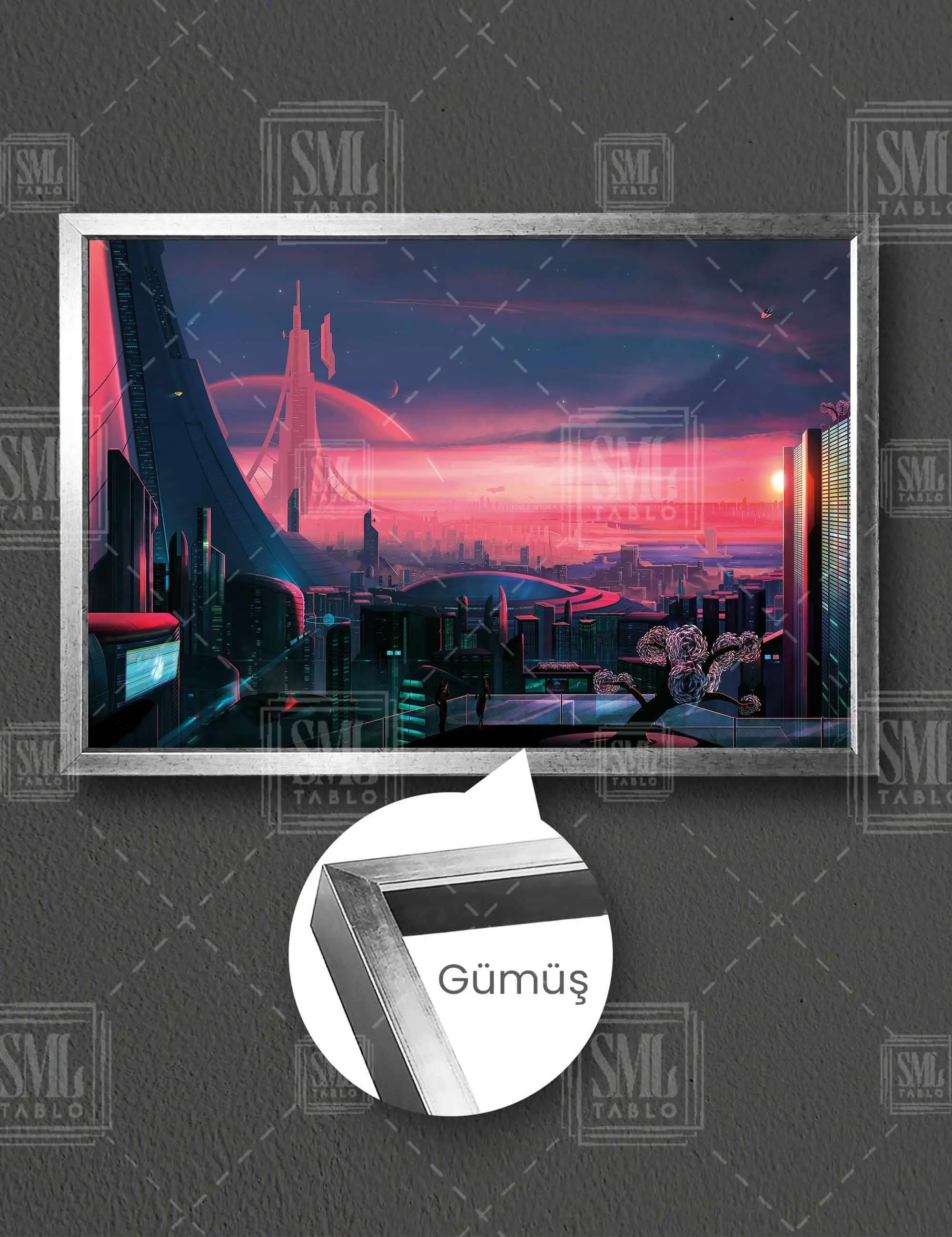 Retro Futurism Gelecekte Modern Şehirler Çerçeveli Yatay Kanvas Tablo - Gümüş