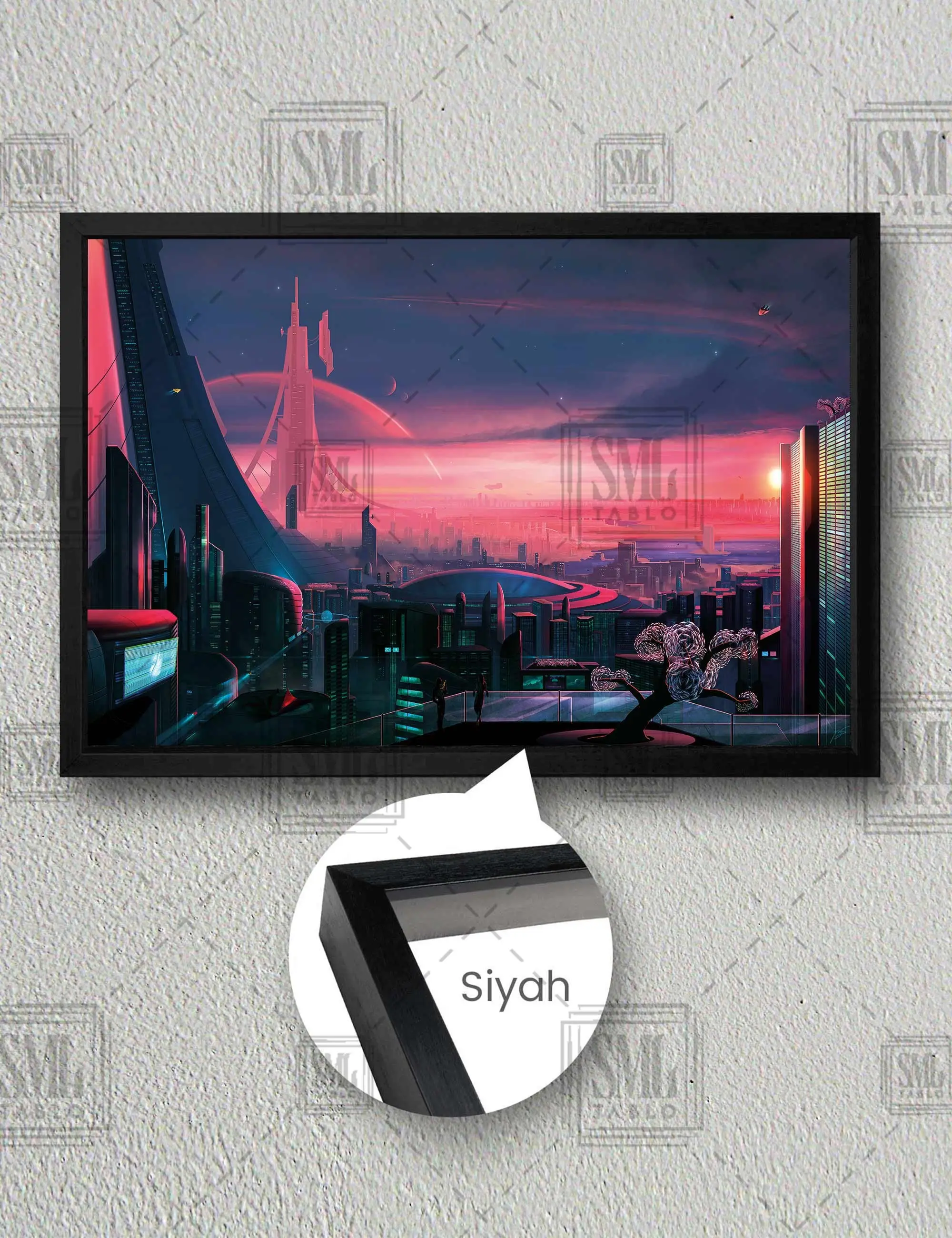 Retro Futurism Gelecekte Modern Şehirler Çerçeveli Yatay Kanvas Tablo - Siyah