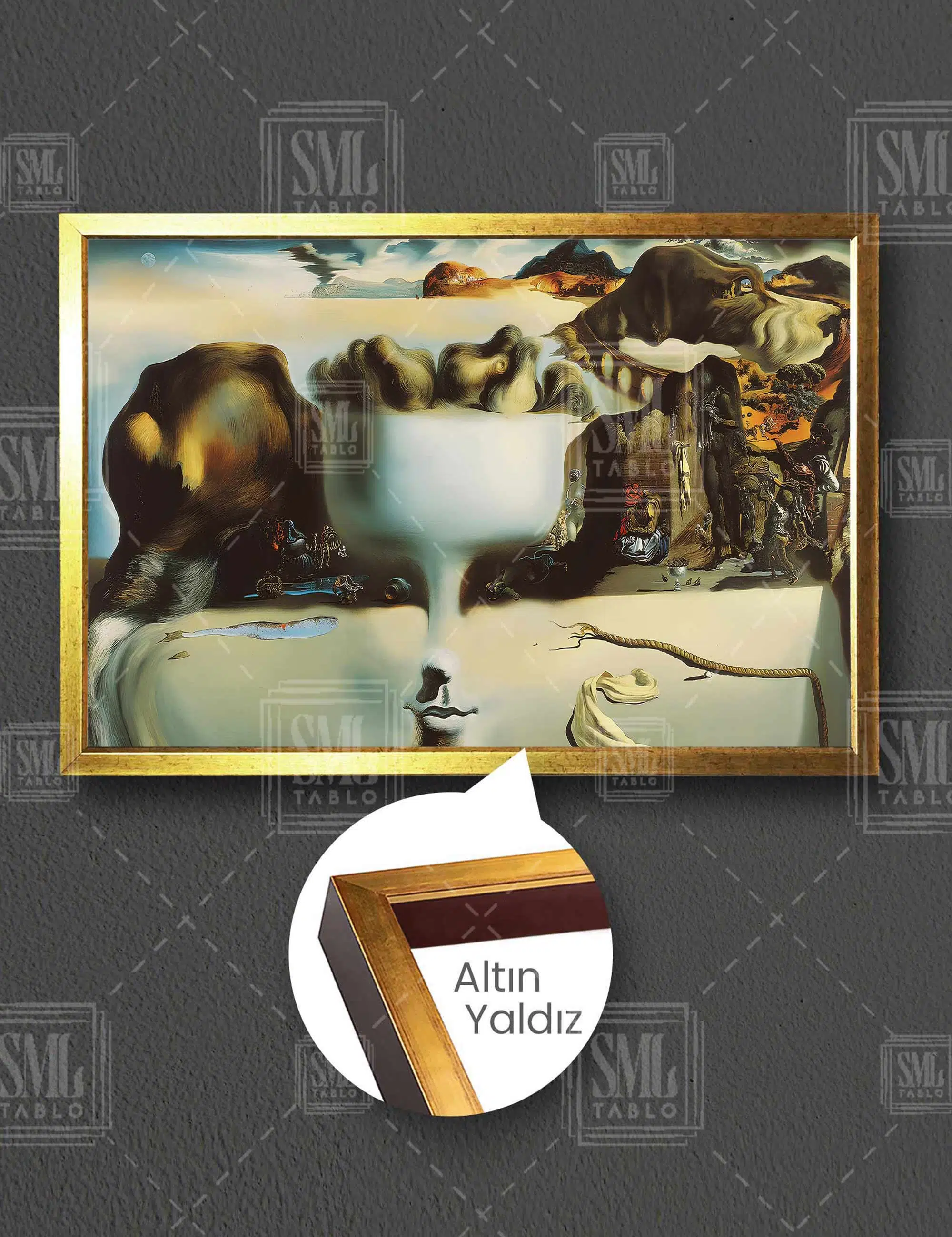 Salvador Dali Yüzün Belirginleşmesi ve Sahilde Meyve Tabağı Yatay Çerçeveli Kanvas Tablo