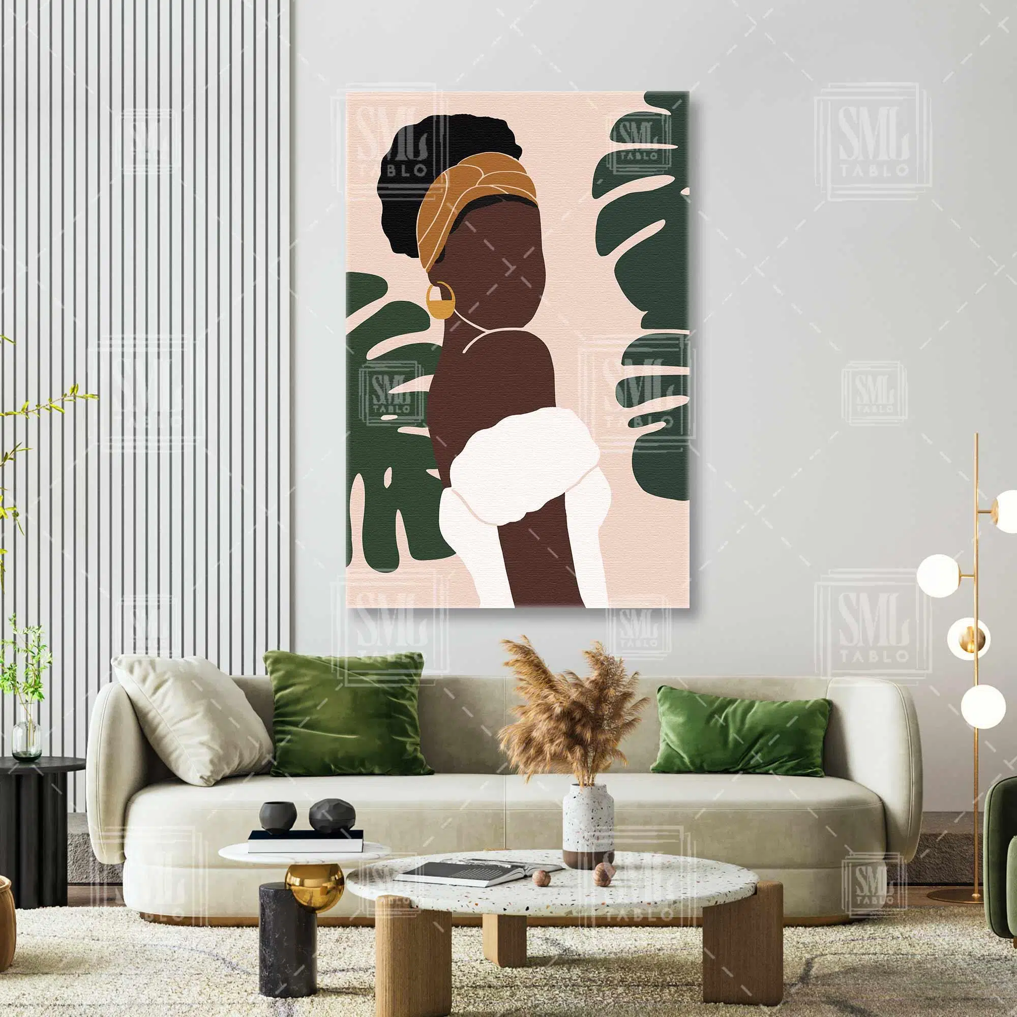 Sarı Aksesuarlı African Kadın Ve Yeşil Tropik Bitkiler Boho Dikey Kanvas Tablo