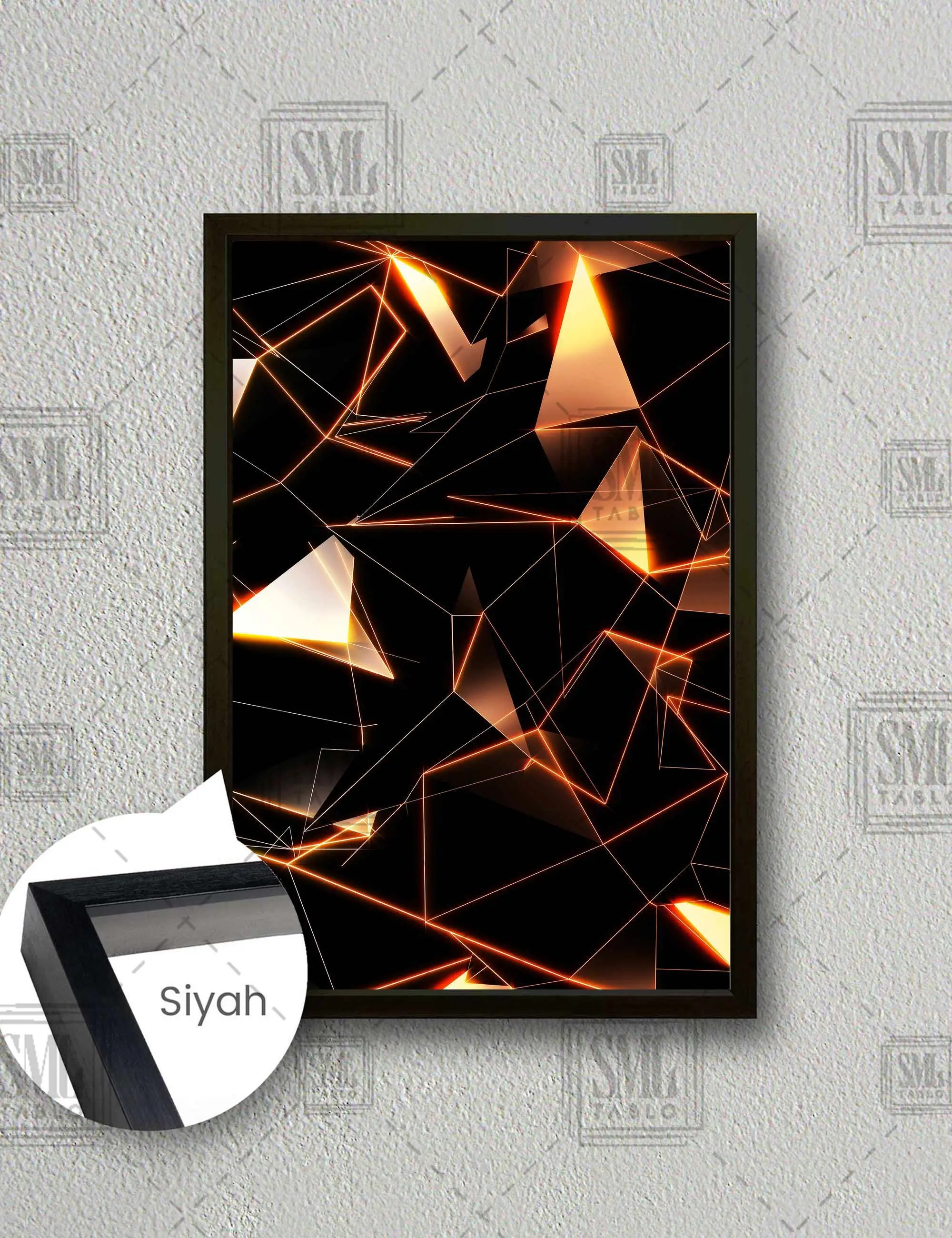 Sarı Işık Yansımaları Geometrik Modern Dekorasyon Çerçeveli Dikey Kanvas Tablo - Siyah