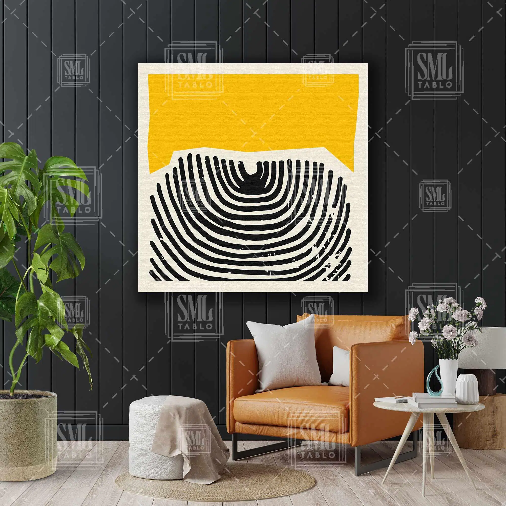 Sarı Ve Siyah Çizgili Minimal Kare Kanvas Tablo