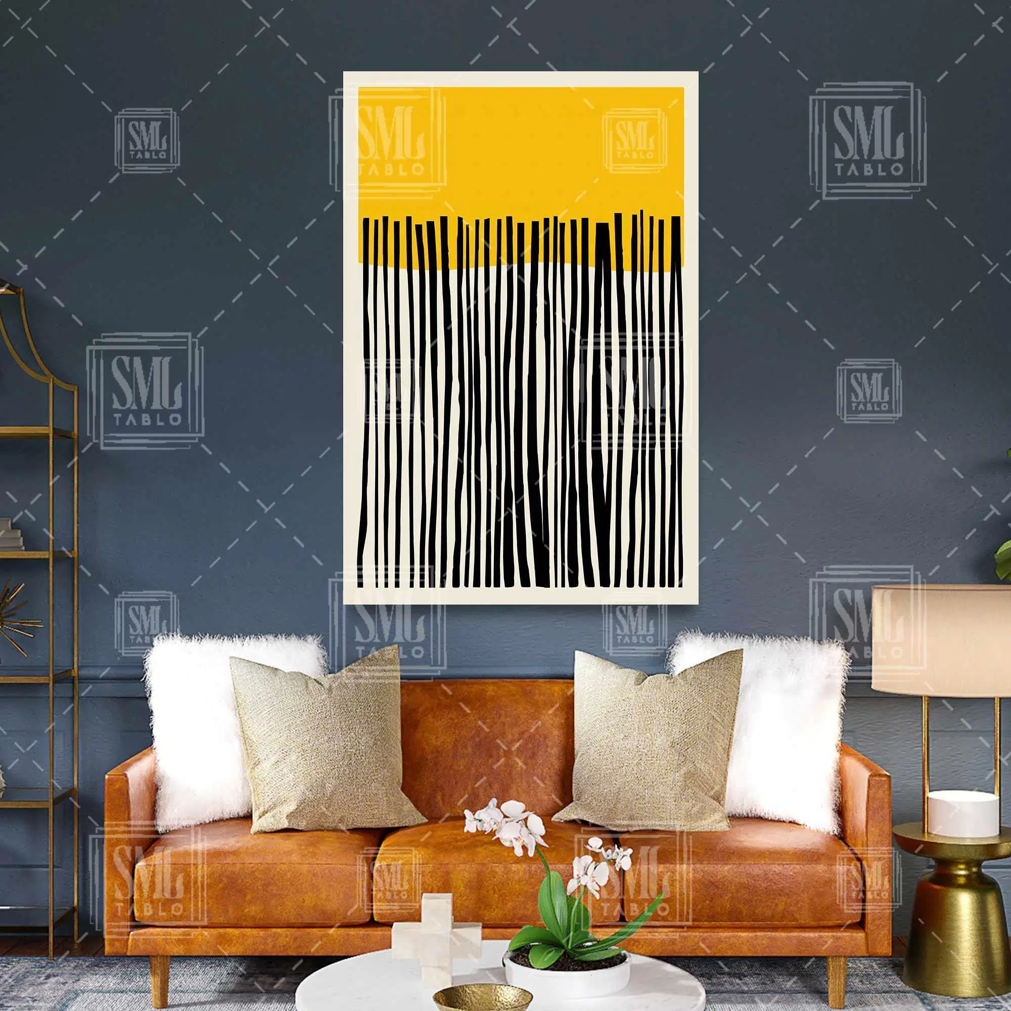 Sarı Ve Siyah Düz Uzun Çizgili Minimal Dikey Kanvas Tablo