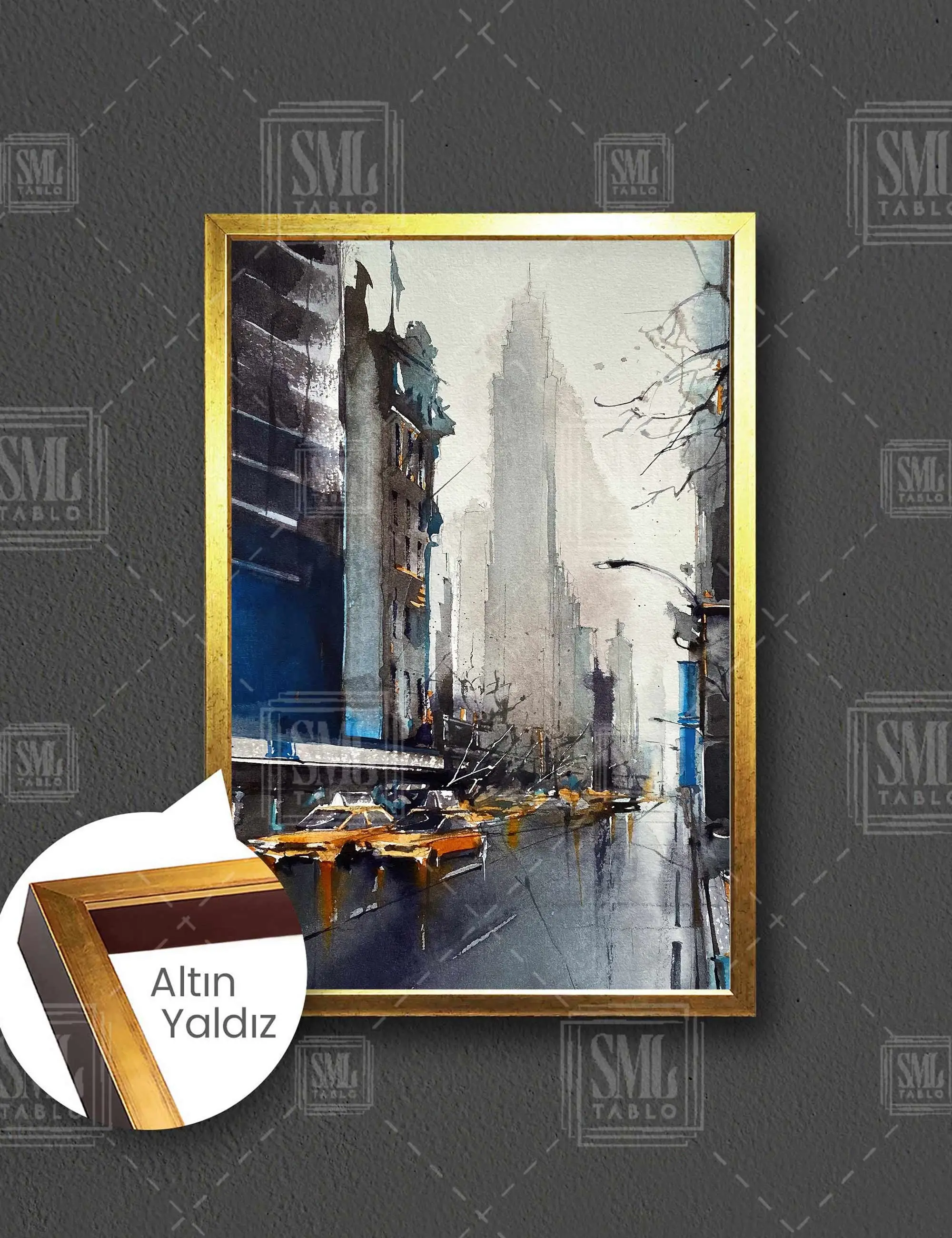 Şehir Görüntüsü Kalabalık Cadde Taksiler City View Çerçeveli Dikey Kanvas Tablo