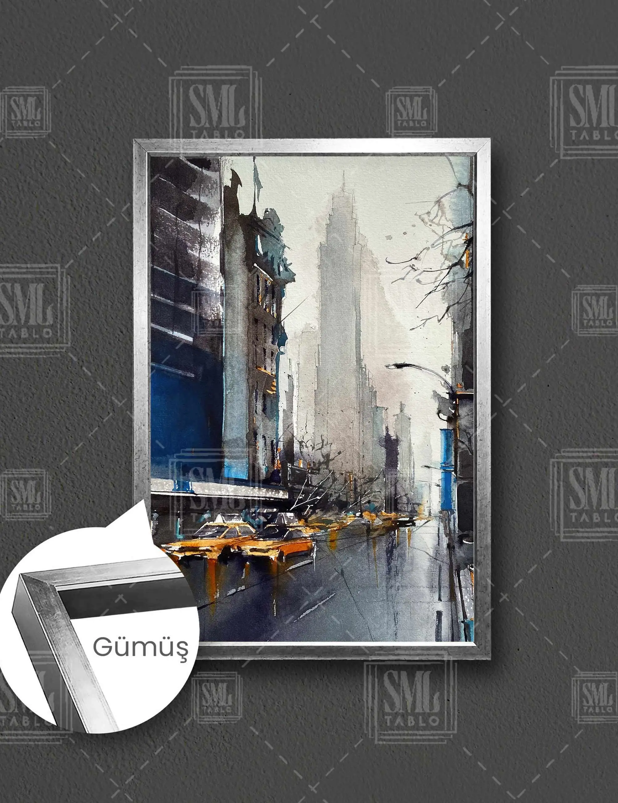 Şehir Görüntüsü Kalabalık Cadde Taksiler City View Çerçeveli Dikey Kanvas Tablo - Gümüş