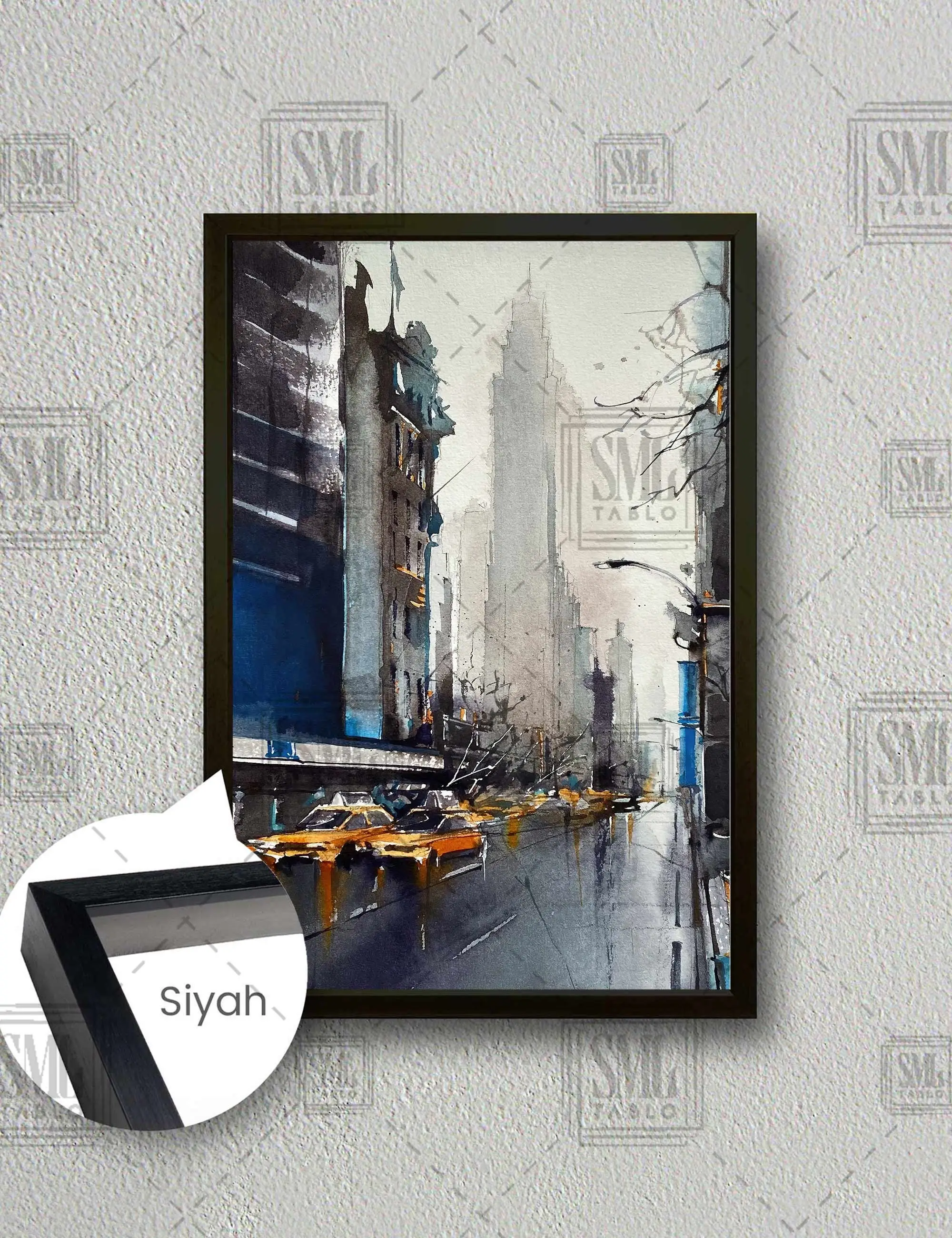 Şehir Görüntüsü Kalabalık Cadde Taksiler City View Çerçeveli Dikey Kanvas Tablo - Siyah