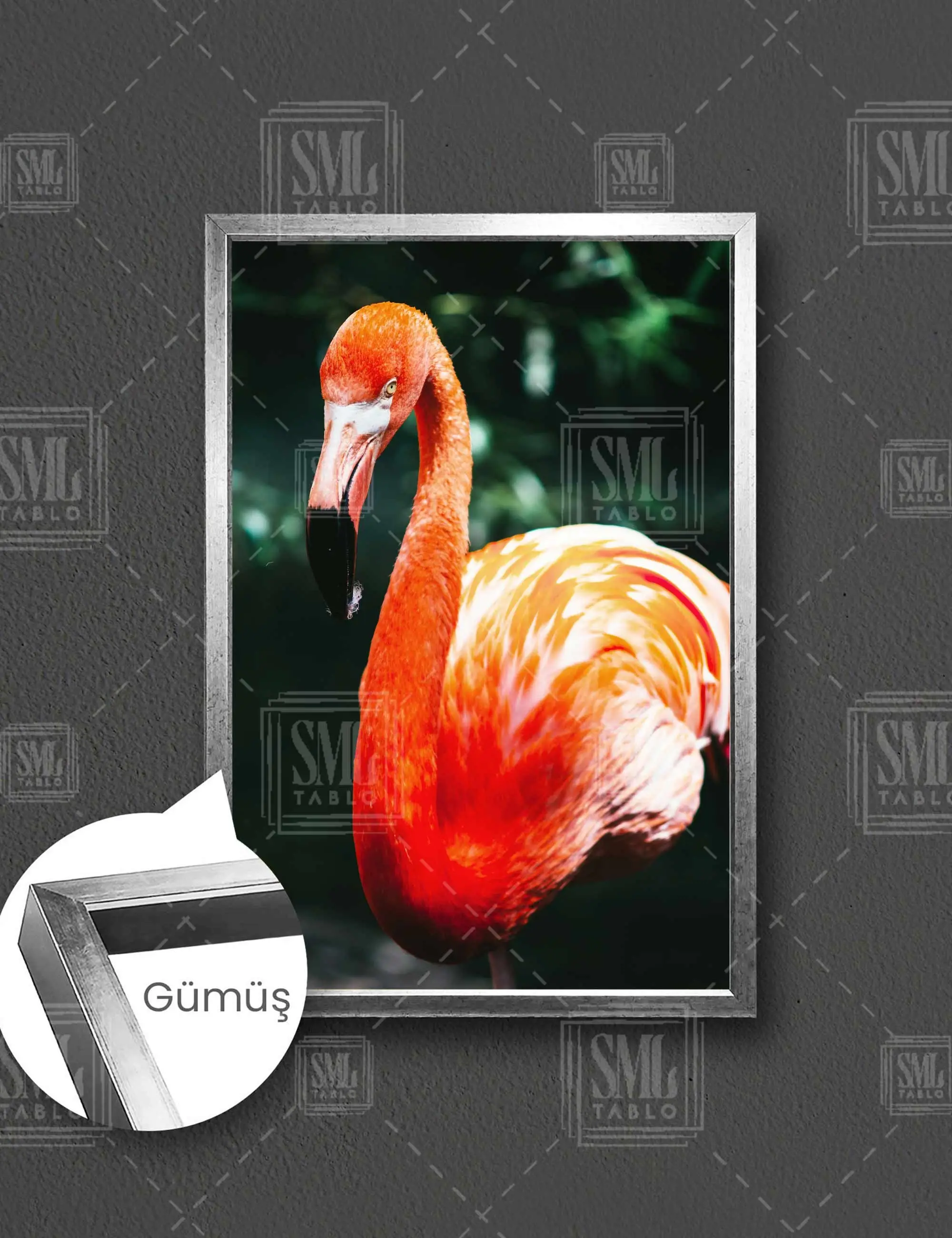 Sevimli Flamingo Orman Pembe Kuş Allı Turna Doğa Çerçeveli Dikey Kanvas Tablo - Gümüş