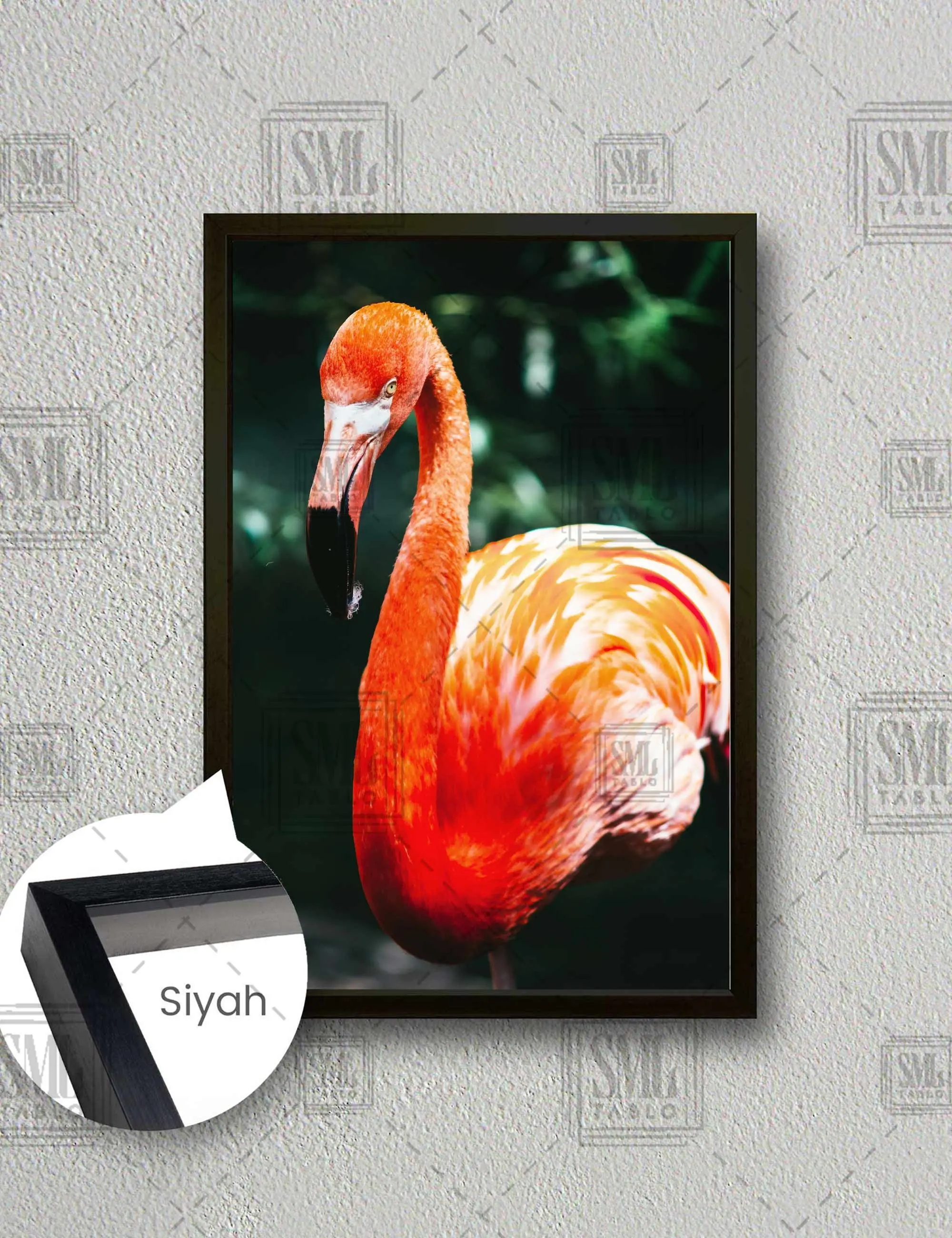 Sevimli Flamingo Orman Pembe Kuş Allı Turna Doğa Çerçeveli Dikey Kanvas Tablo - Siyah