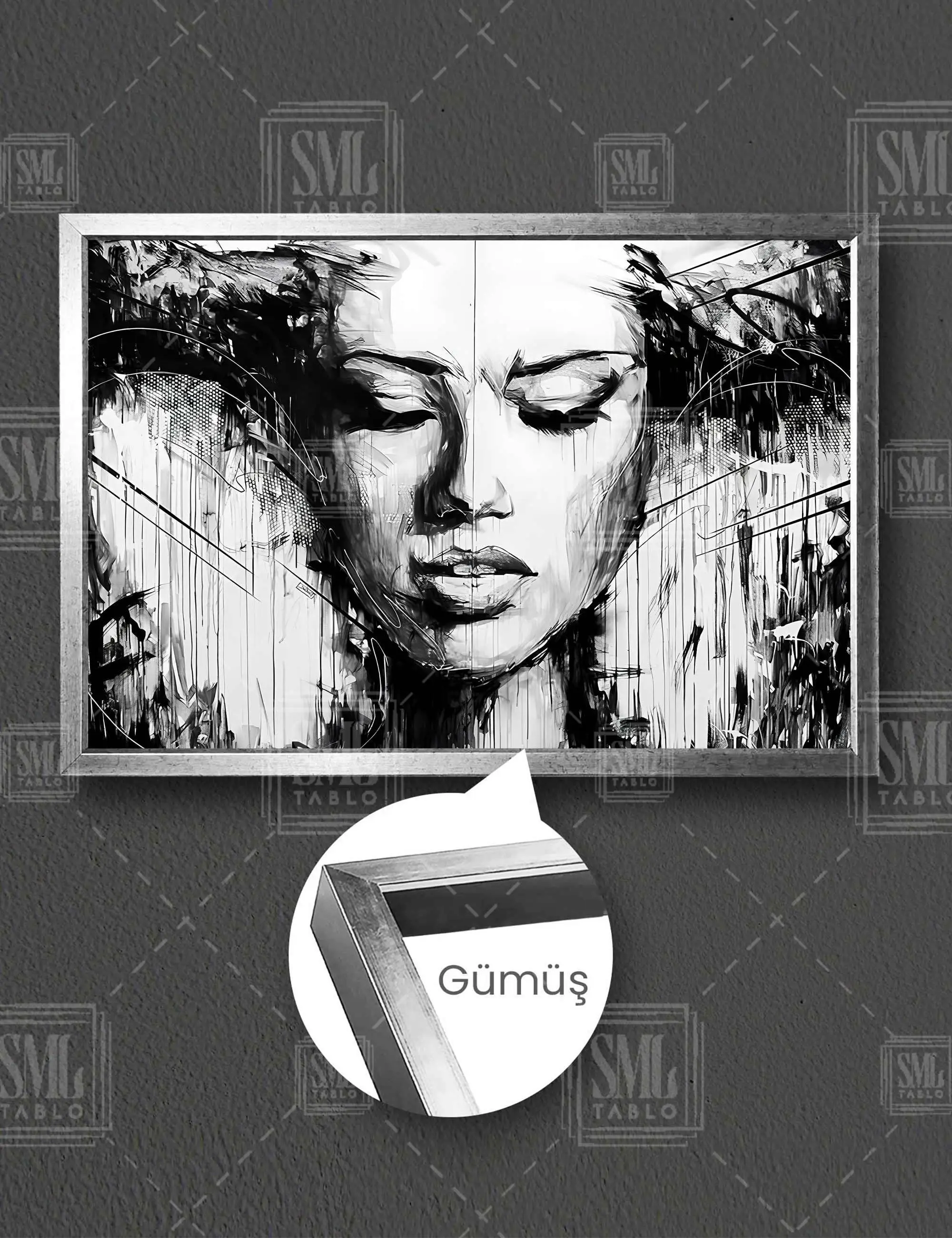 Siyah Beyaz Çizgisel Sexy Kadın Grafitti Modern Soyut Çerçeveli Yatay Kanvas Tablo - Gümüş