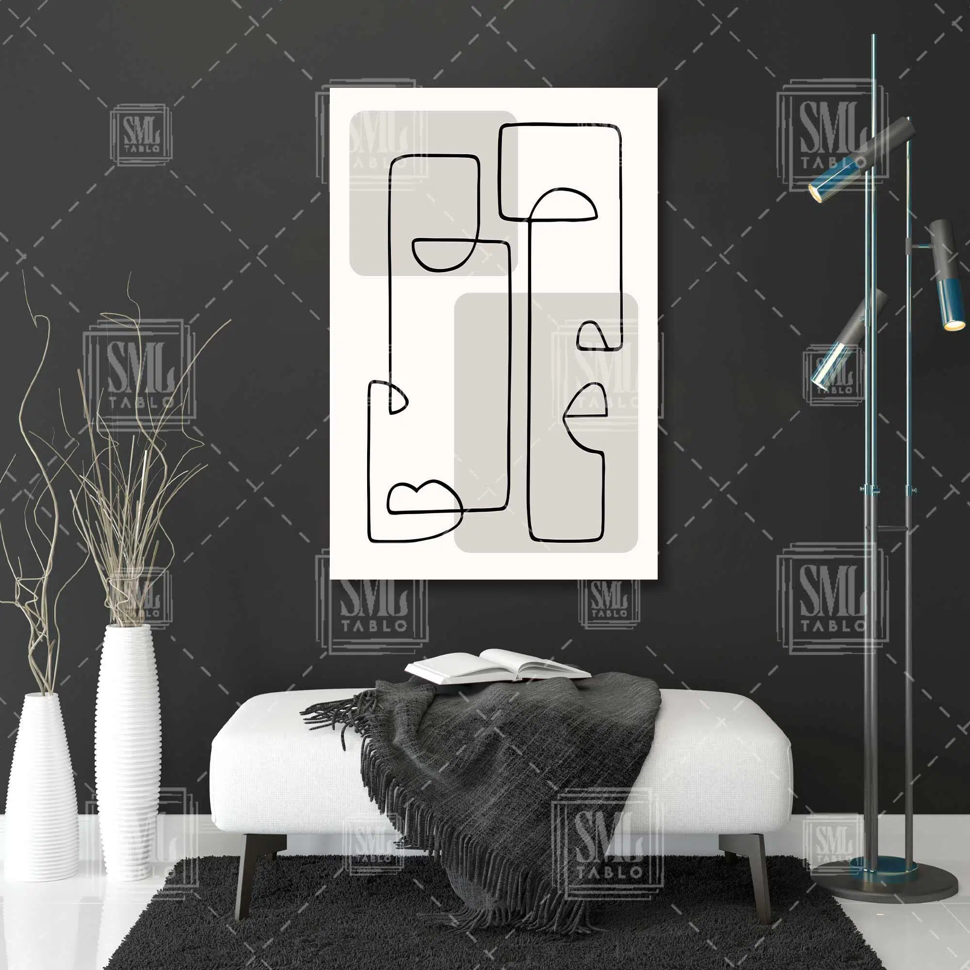 Siyah Çizgi Minimal İki İnsan Yüzü Heykel Minimal Boho Dikey Kanvas Tablo