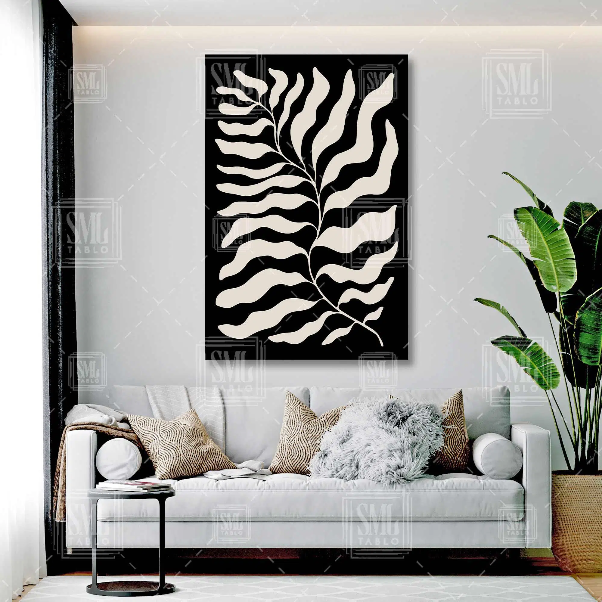 Siyah Fon Üzerine Bej Büyük Yaprak İlüstrasyonu Minimal Boho Dikey Kanvas Tablo