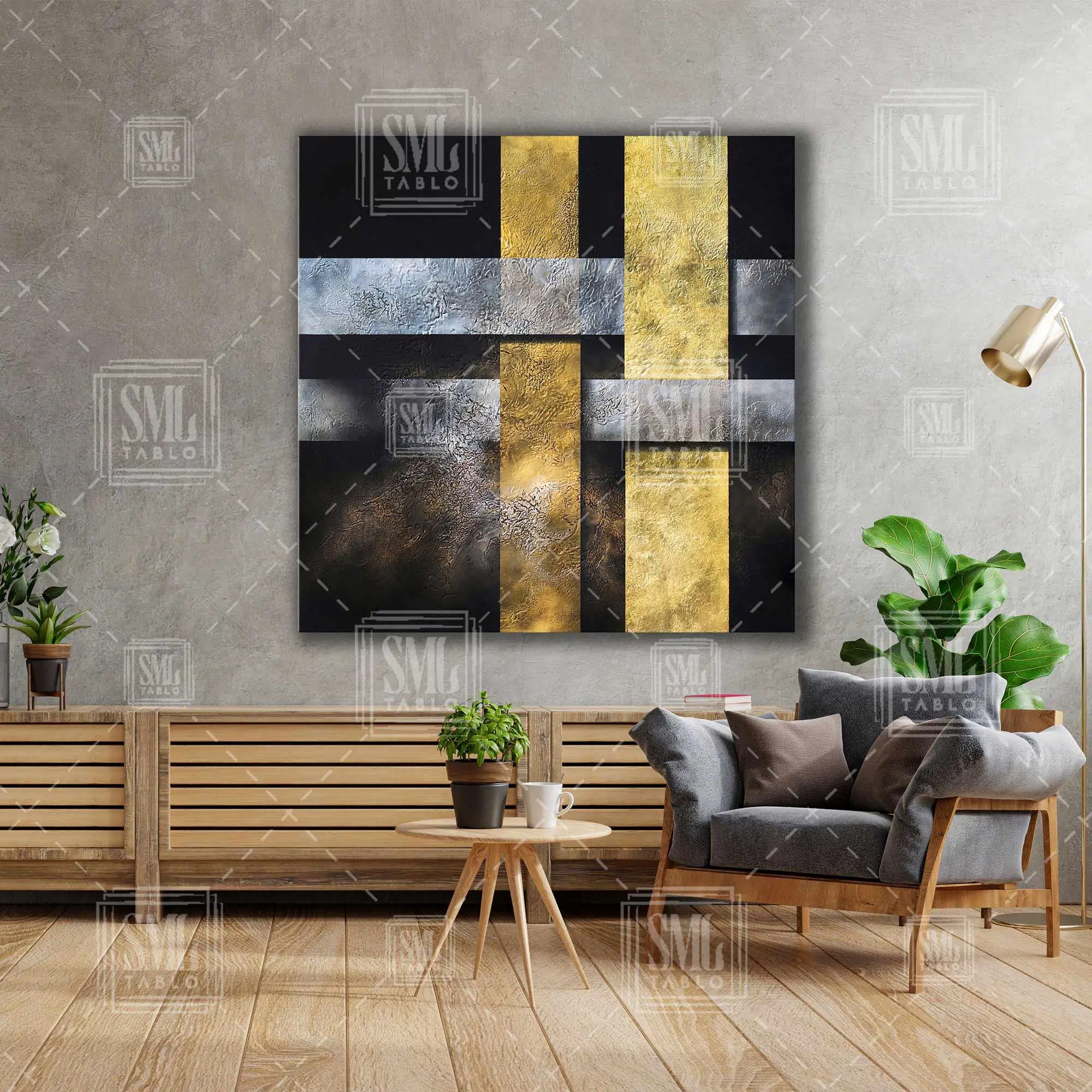 Siyah Gold İç İçe Geçmiş Altın Dikdörtgenler Modern Lüks Dekor Kare Kanvas Tablo