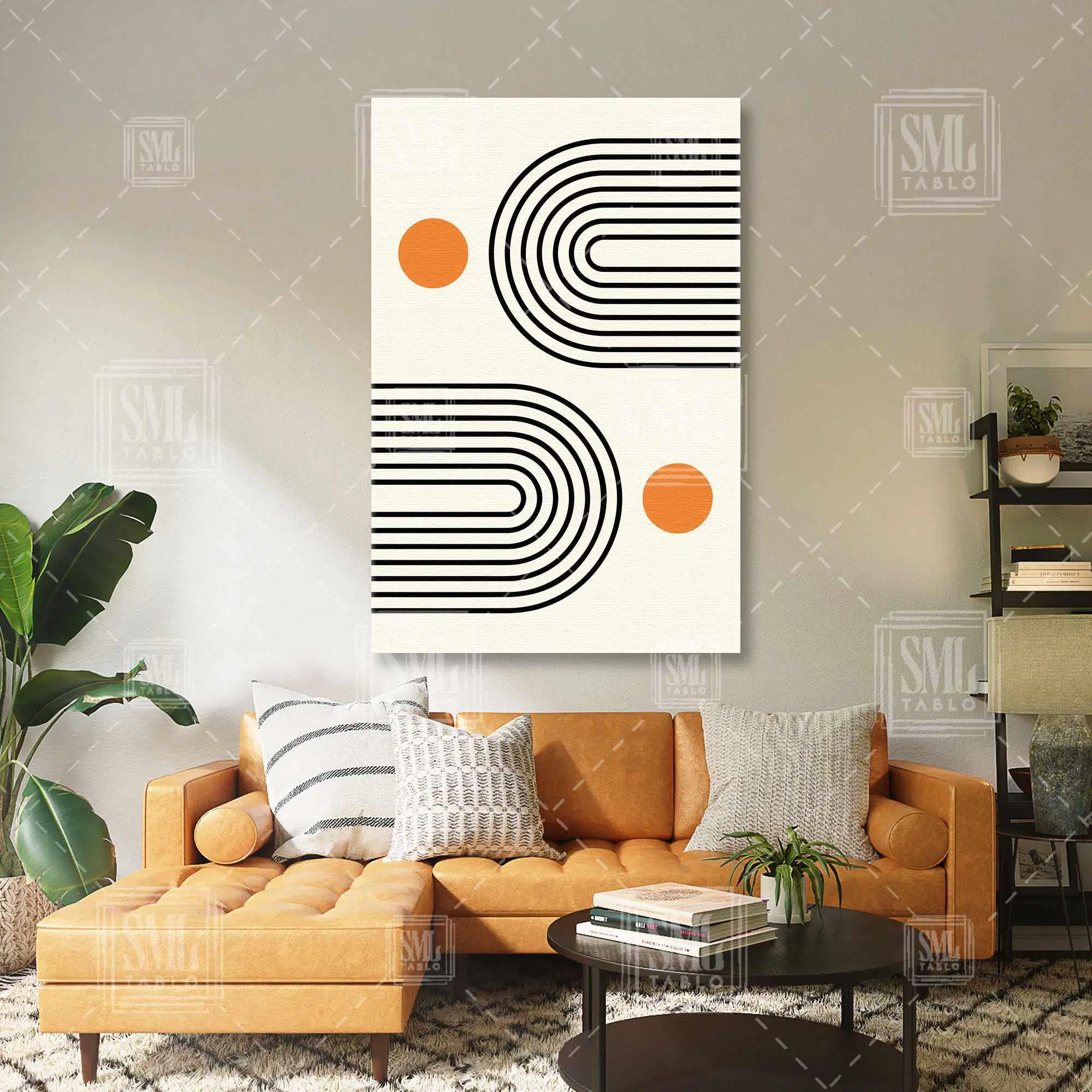 Siyah İçiçe Minimal Çizgiler Ve Sarı Daire İskandinav Tarzı Dikey Kanvas Tablo