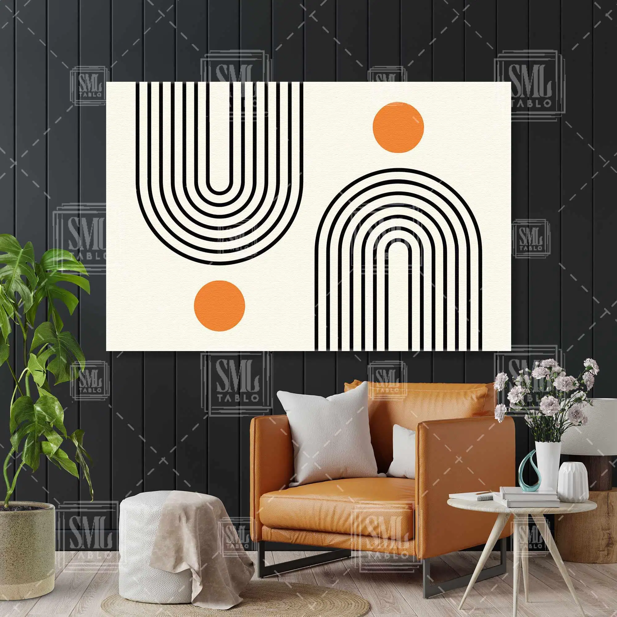 Siyah İçiçe Minimal Çizgiler Ve Sarı Daire İskandinav Tarzı Yatay Kanvas Tablo