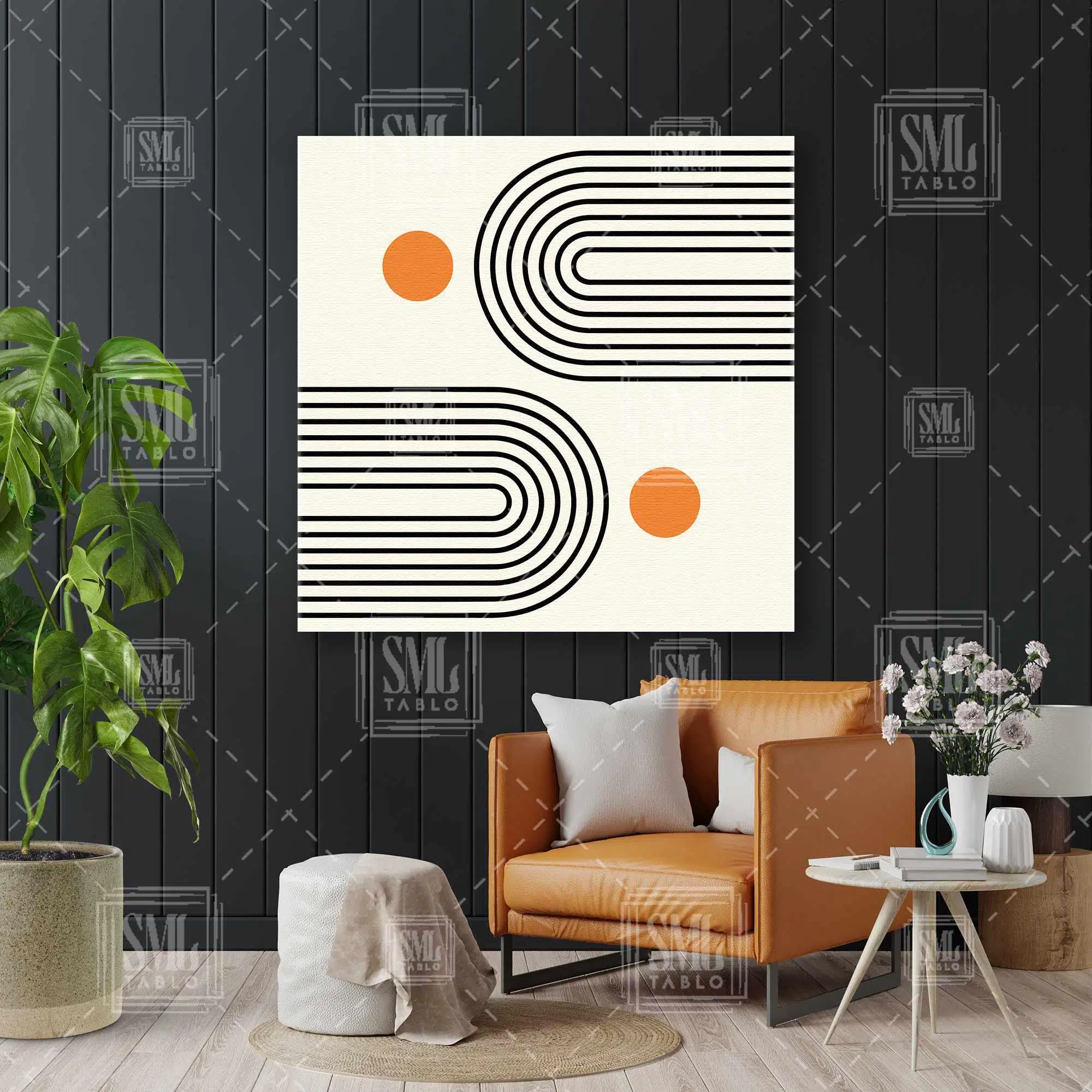 Siyah İçiçe Minimal Çizgiler Yatay Ve Sarı Daire İskandinav Tarzı Kanvas Kare Kanvas Tablo