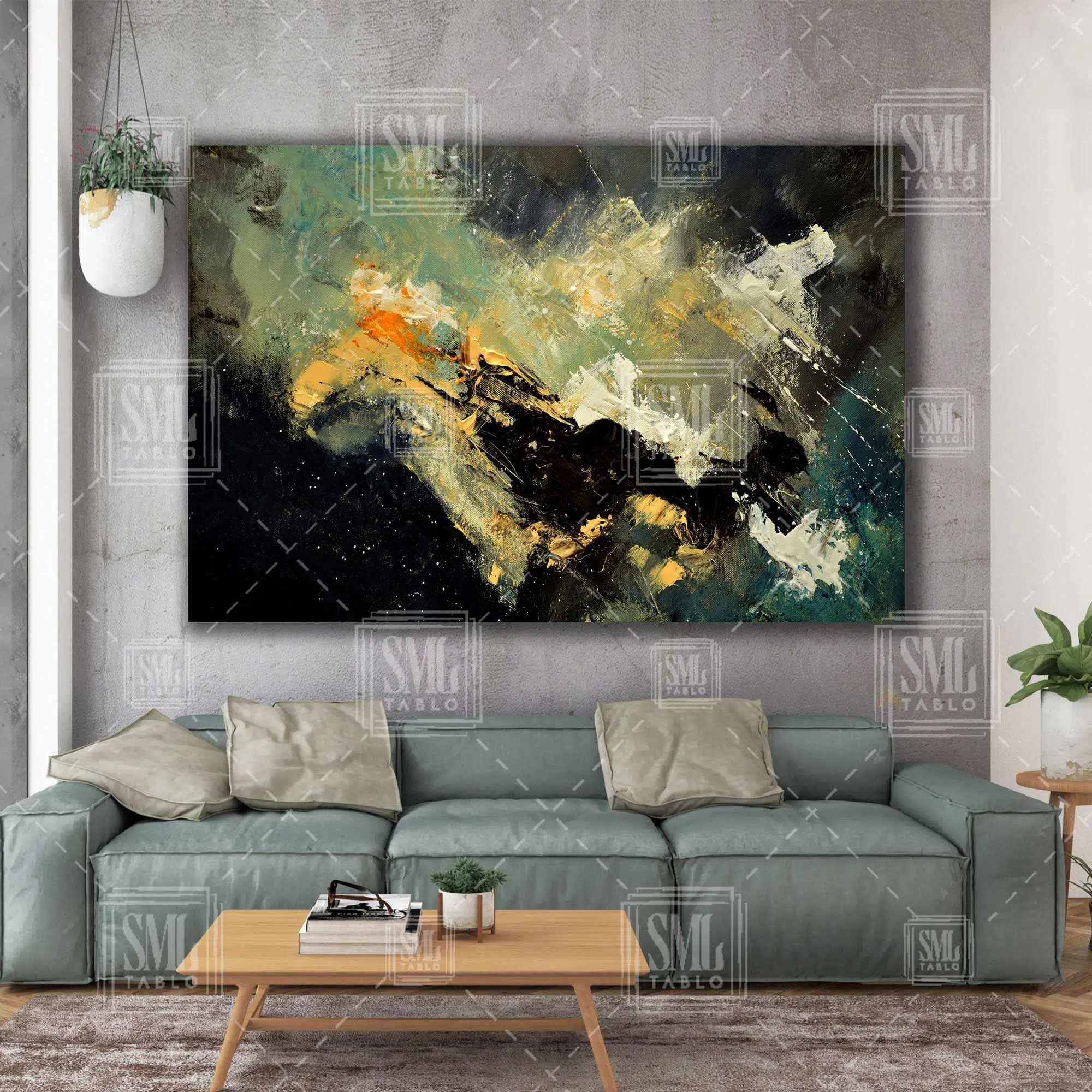 Siyah Koyu Yeşil Tonlar Modern Sanat Dekorasyon Abstract Dekor Yatay Kanvas Tablo
