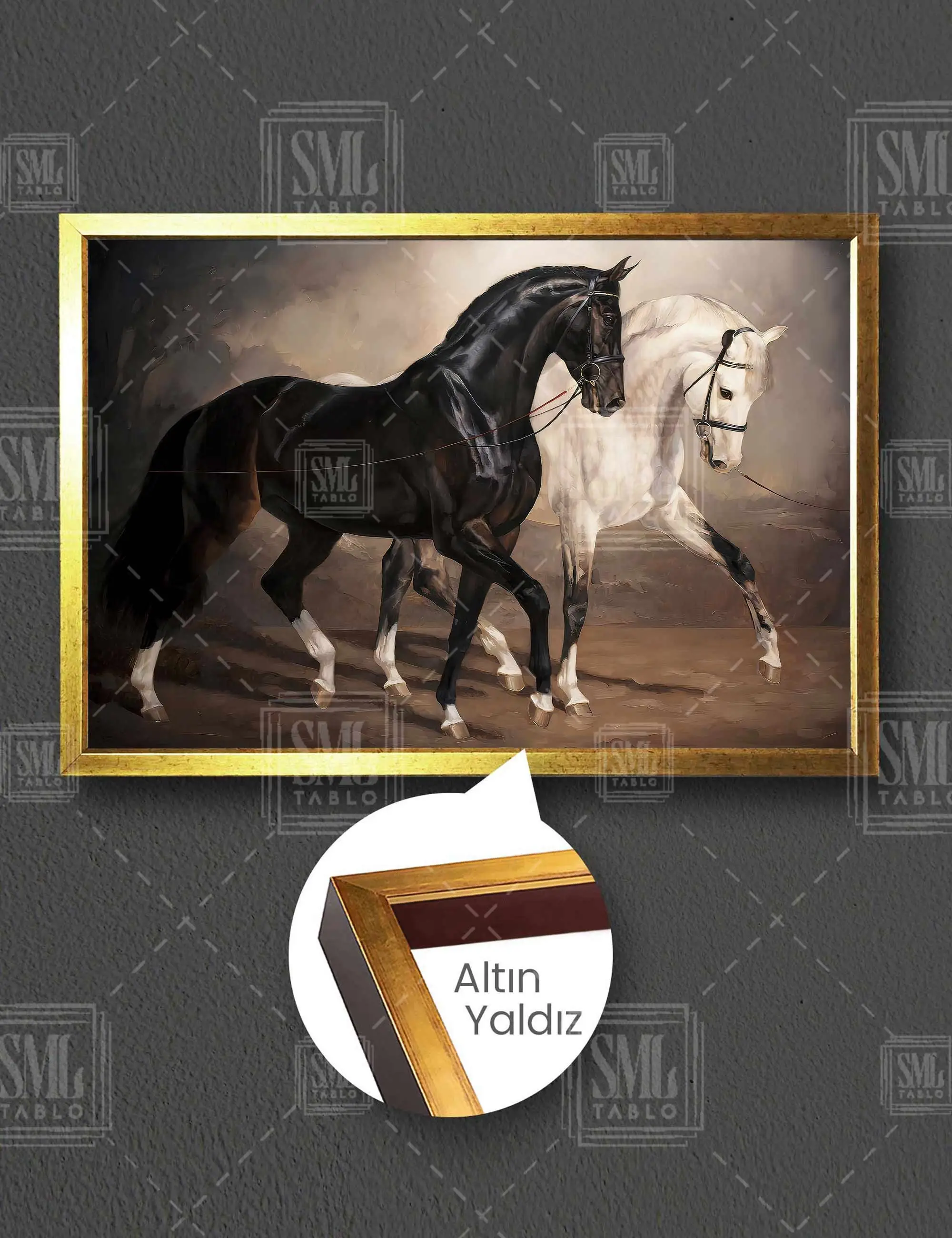 Siyah ve Beyaz Asil At Yürüyen At Horse Hayvan Dekor Çerçeveli Yatay Kanvas Tablo
