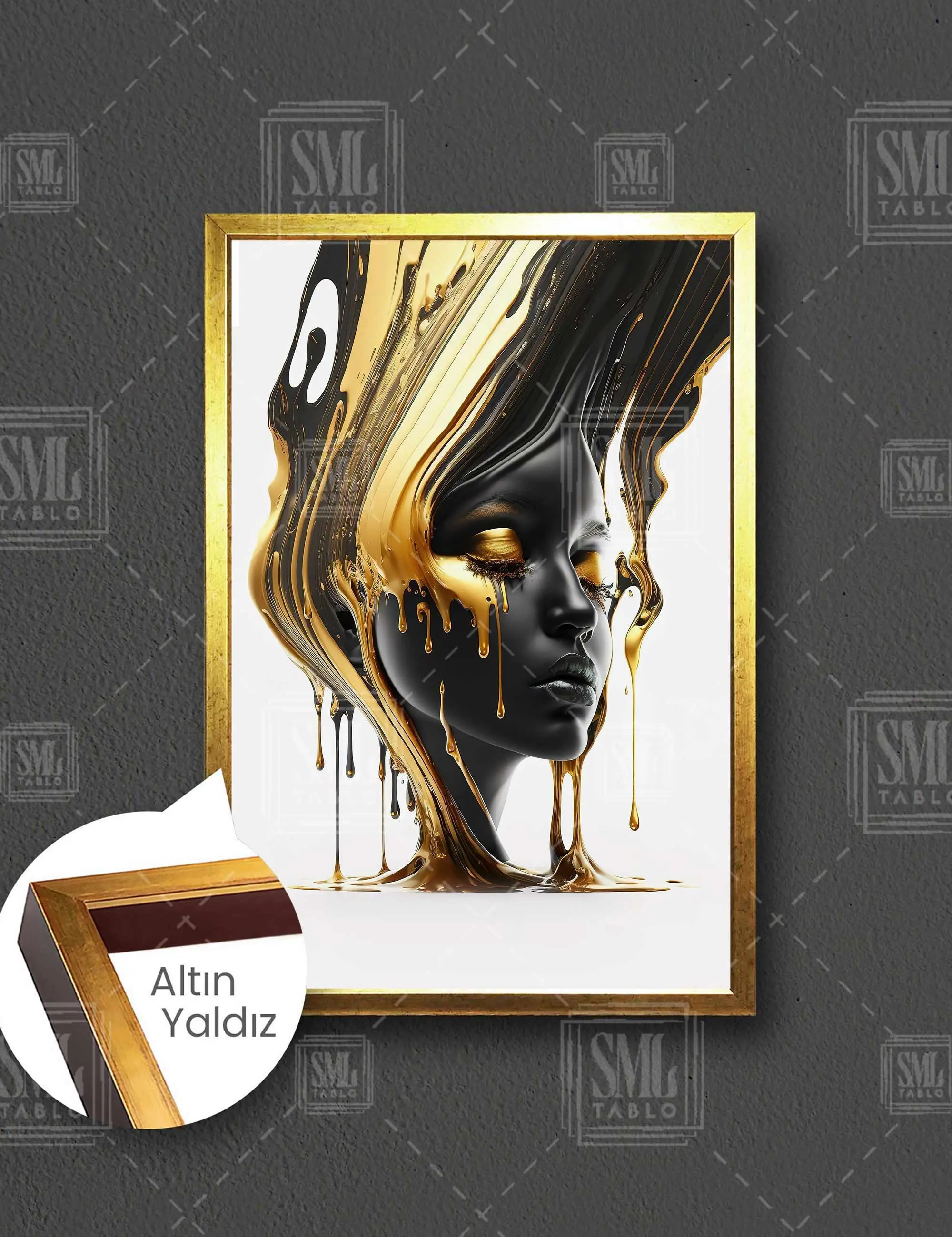 Siyah ve Gold Boya Akmaları Ebru Sanatı Kadın Portre Modern Çerçeveli Dikey Kanvas Tablo