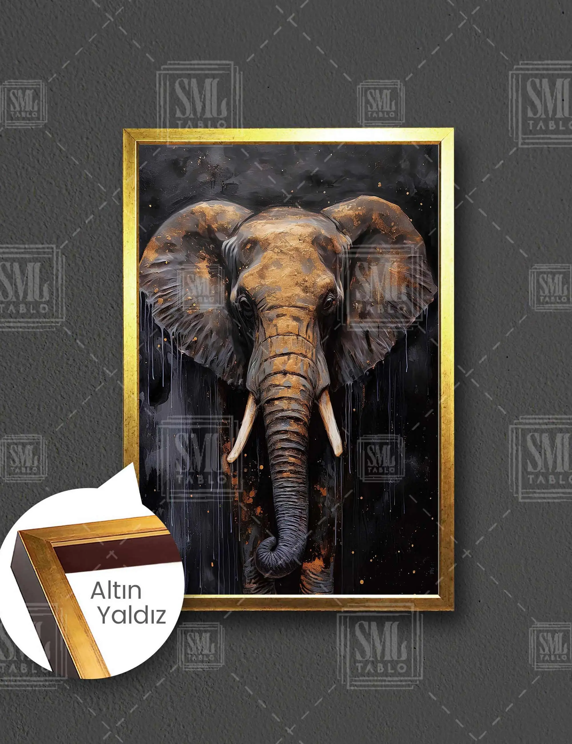 Soyut Fil Gold Altın Fil Koyu Arkaplan Afrika Safari Çerçeveli Dikey Kanvas Tablo