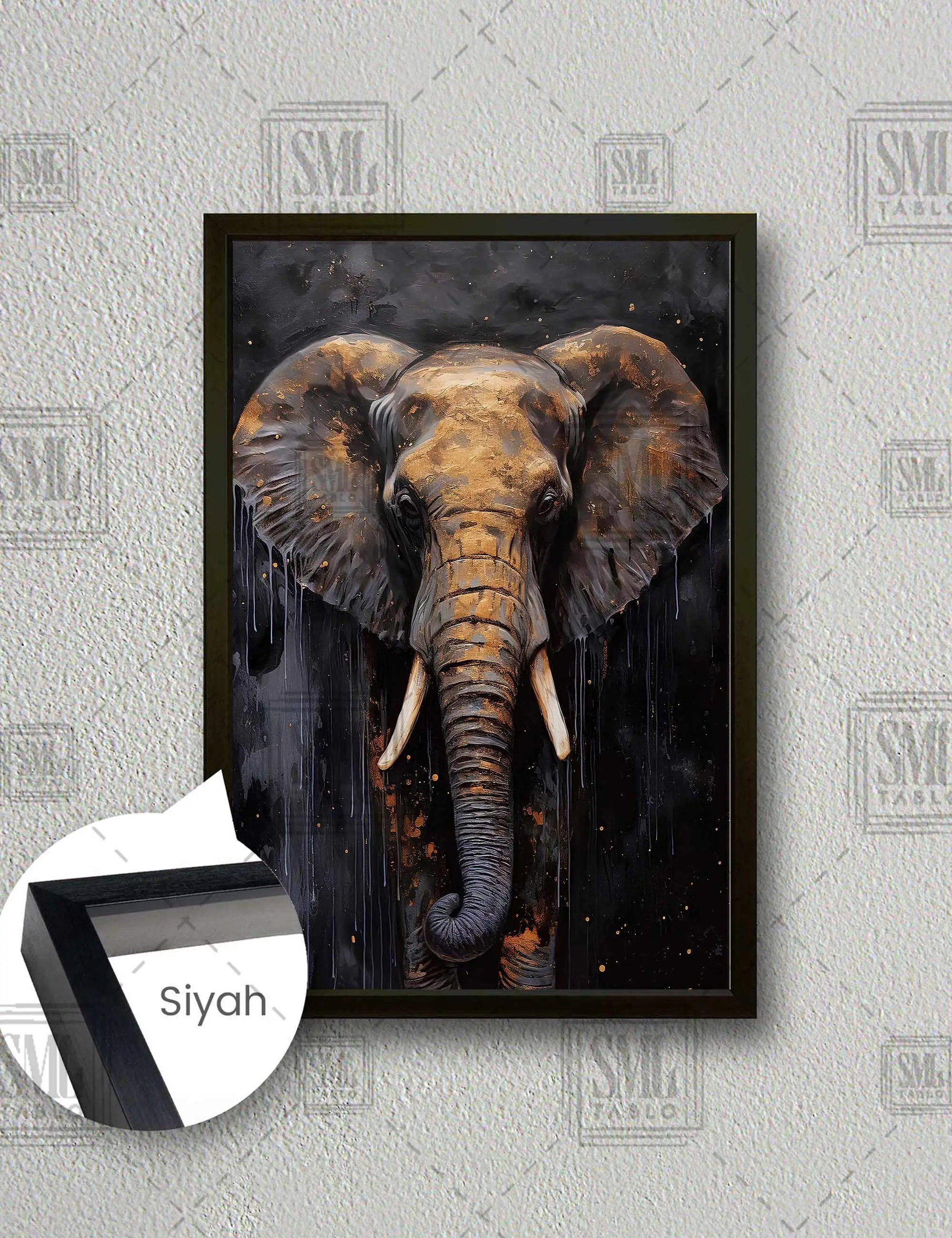 Soyut Fil Gold Altın Fil Koyu Arkaplan Afrika Safari Çerçeveli Dikey Kanvas Tablo - Siyah