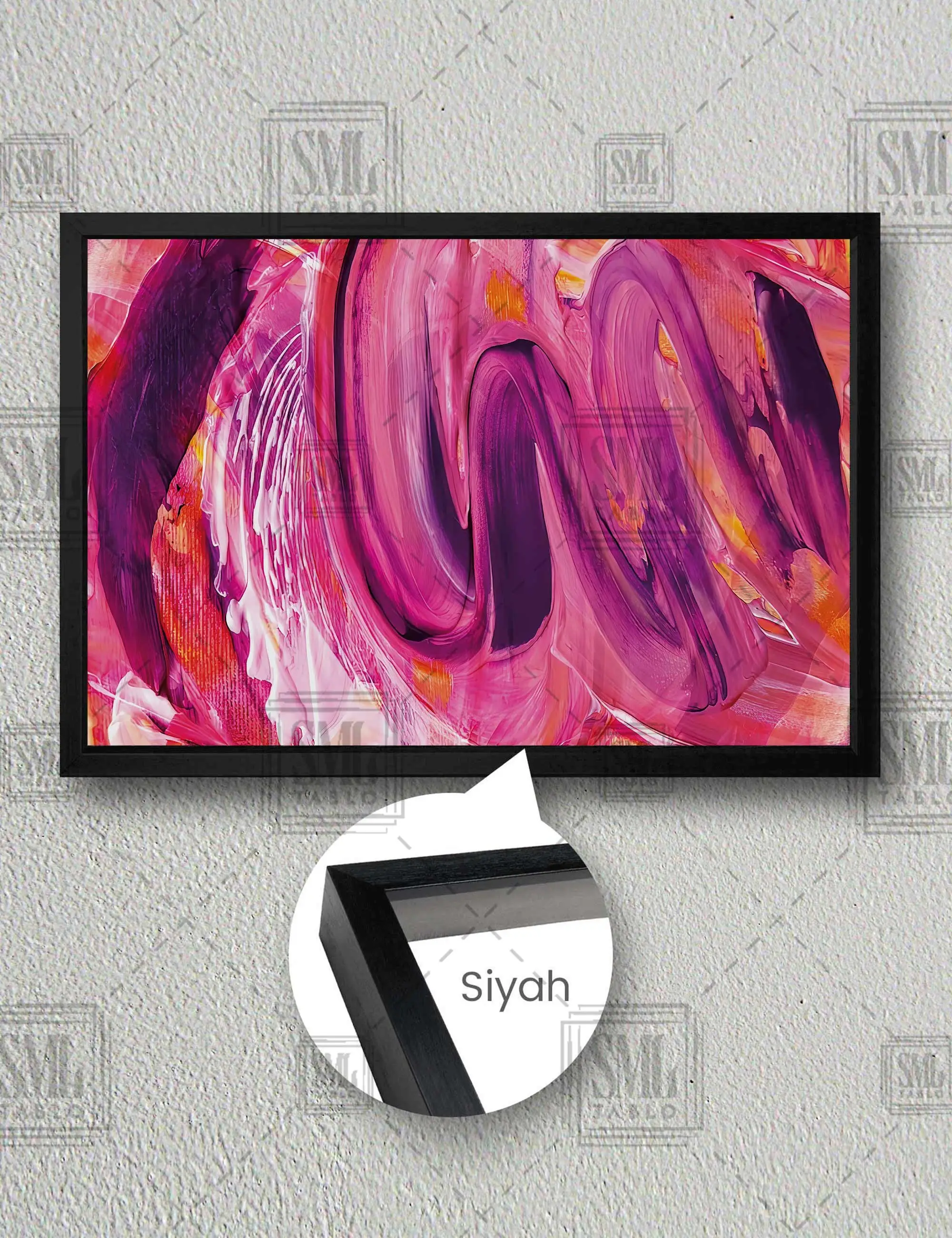 Soyut Pembe ve Mor Fırça İzleri Pembe Mürekkep Modern Çerçeveli Yatay Kanvas Tablo - Siyah