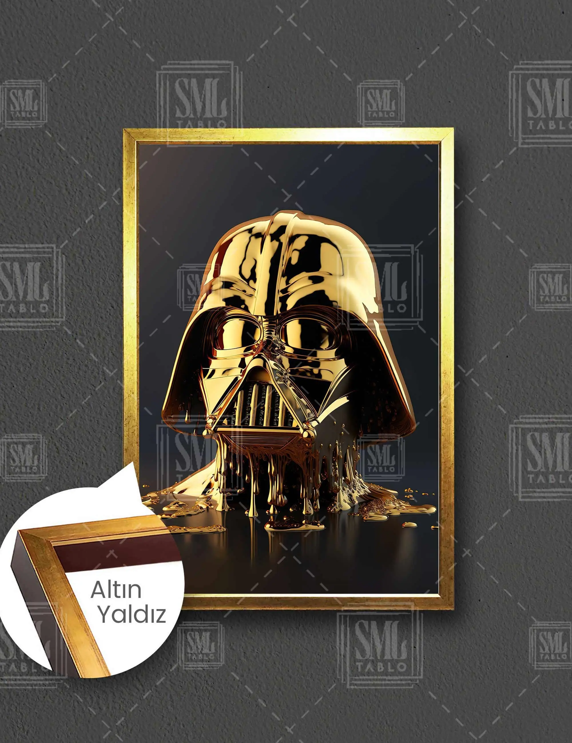 Star Wars Altın Darth Wader Maskesi Gold Liquid Mask Çerçeveli Dikey Kanvas Tablo