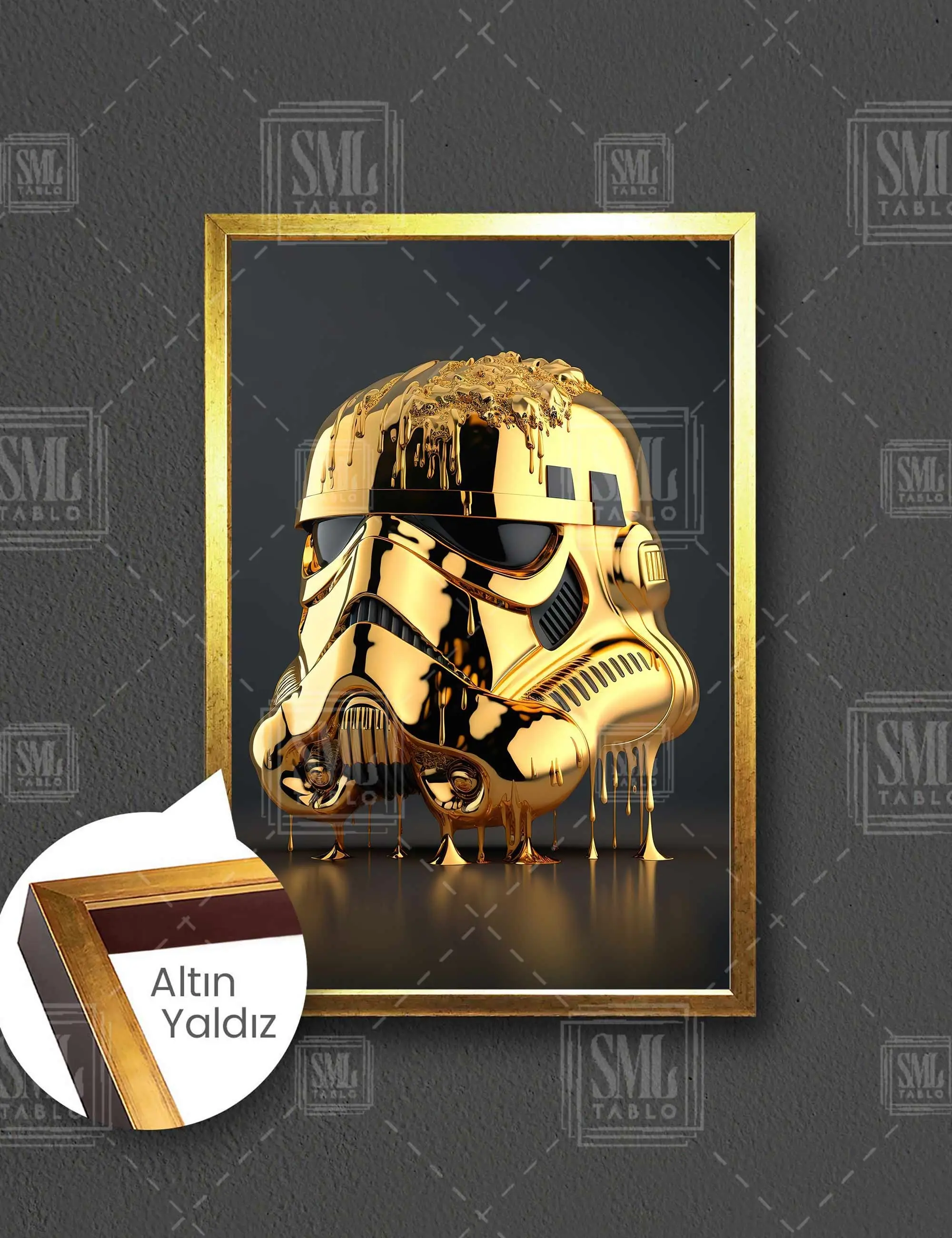 Star Wars Altın Stormtrooper Maskesi Gold Liquid Mask Çerçeveli Dikey Kanvas Tablo