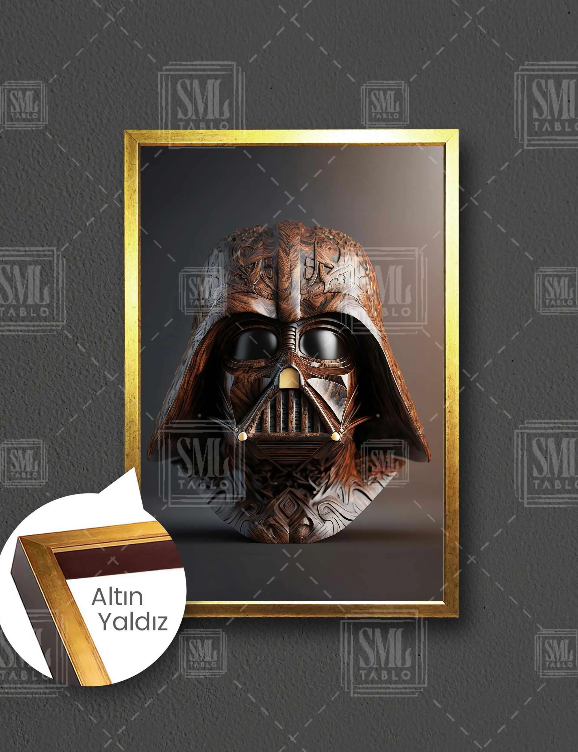 Star Wars İşlemeli Ahşap Art Deko Darth Wader Maskesi Mask Çerçeveli Dikey Kanvas Tablo