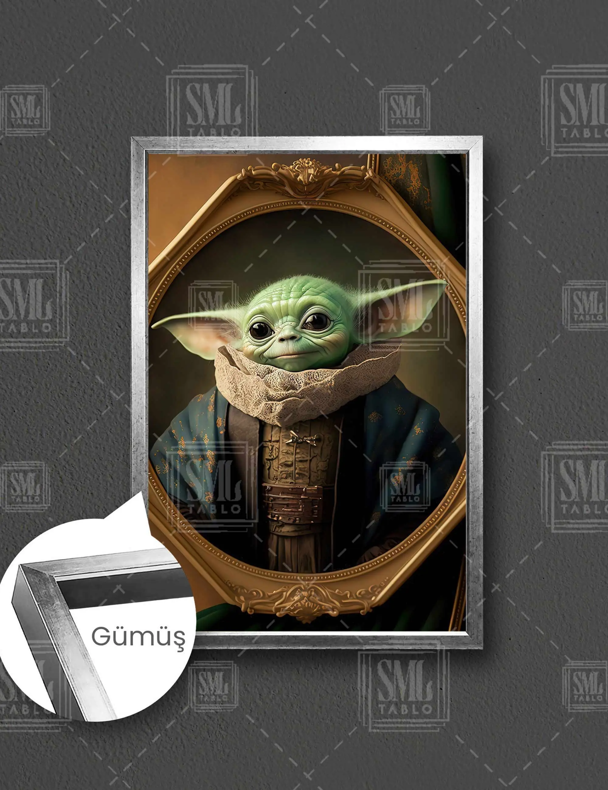 Star Wars Yoda Ahşap Süslü Fotoğraf Çerçevesi Dekoratif Çerçeveli Dikey Kanvas Tablo - Gümüş