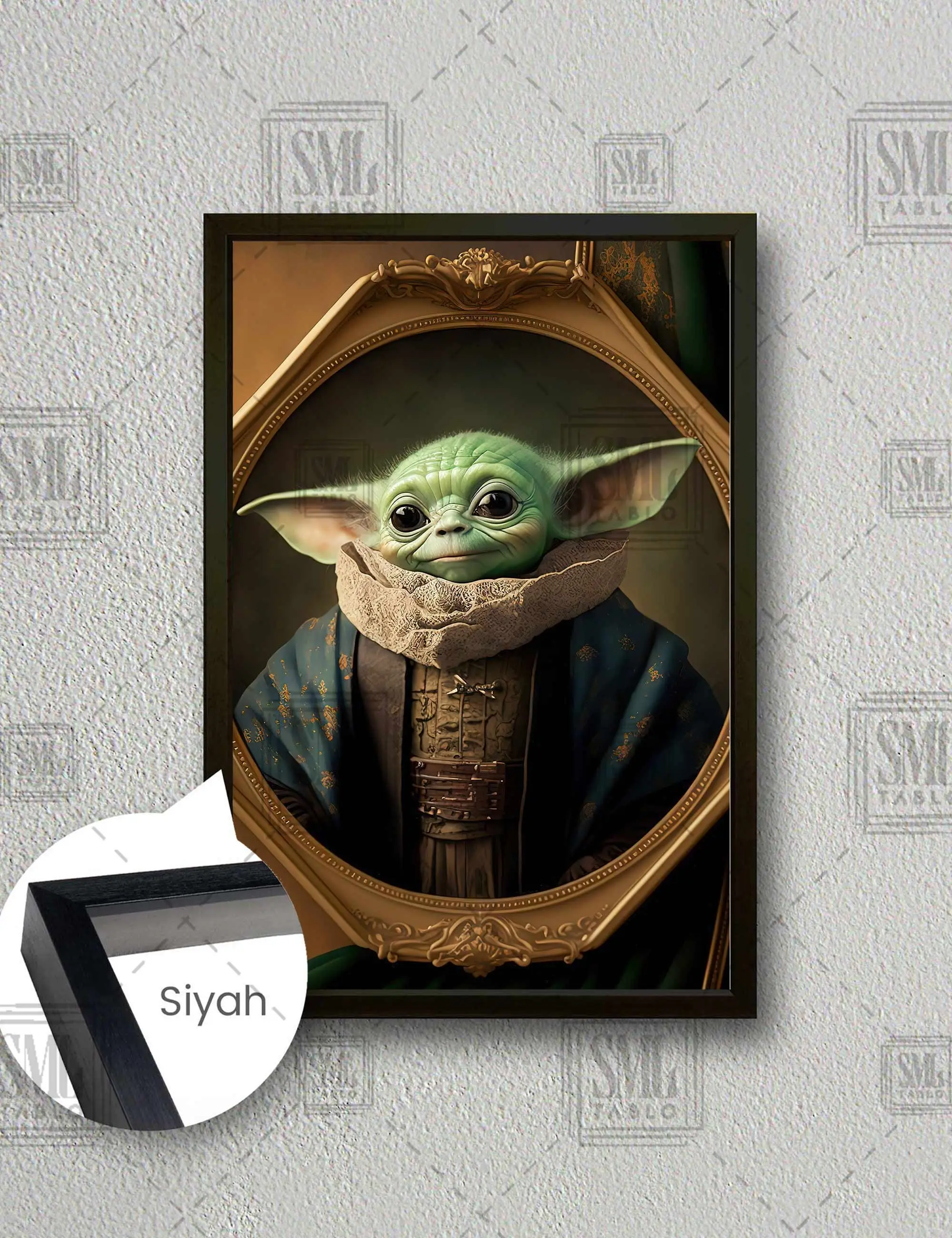 Star Wars Yoda Ahşap Süslü Fotoğraf Çerçevesi Dekoratif Çerçeveli Dikey Kanvas Tablo - Siyah