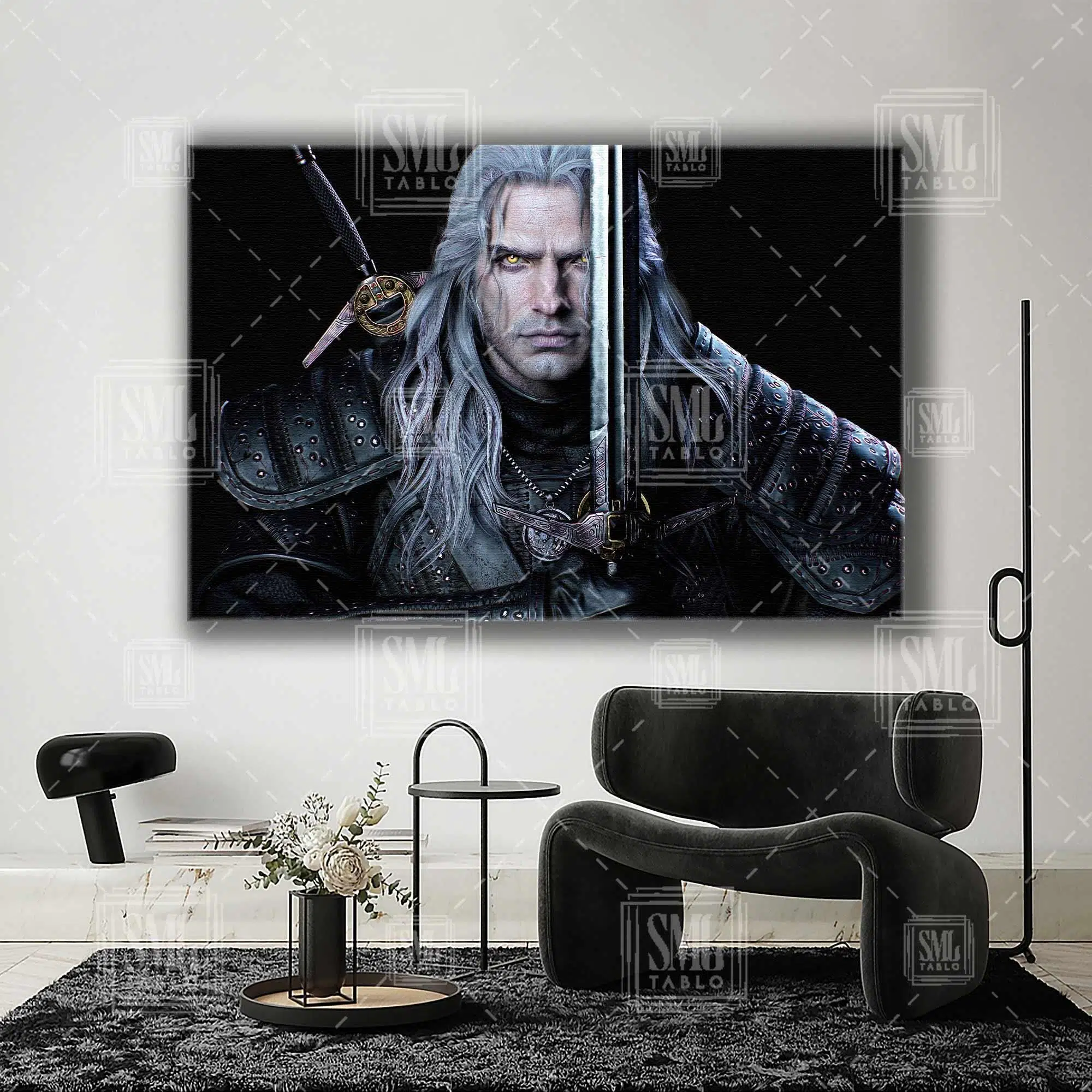 The Witcher Büyücü Dizisi Kılıçlı Gri Saçlı Adam Henry Cavill Yatay Kanvas Tablo