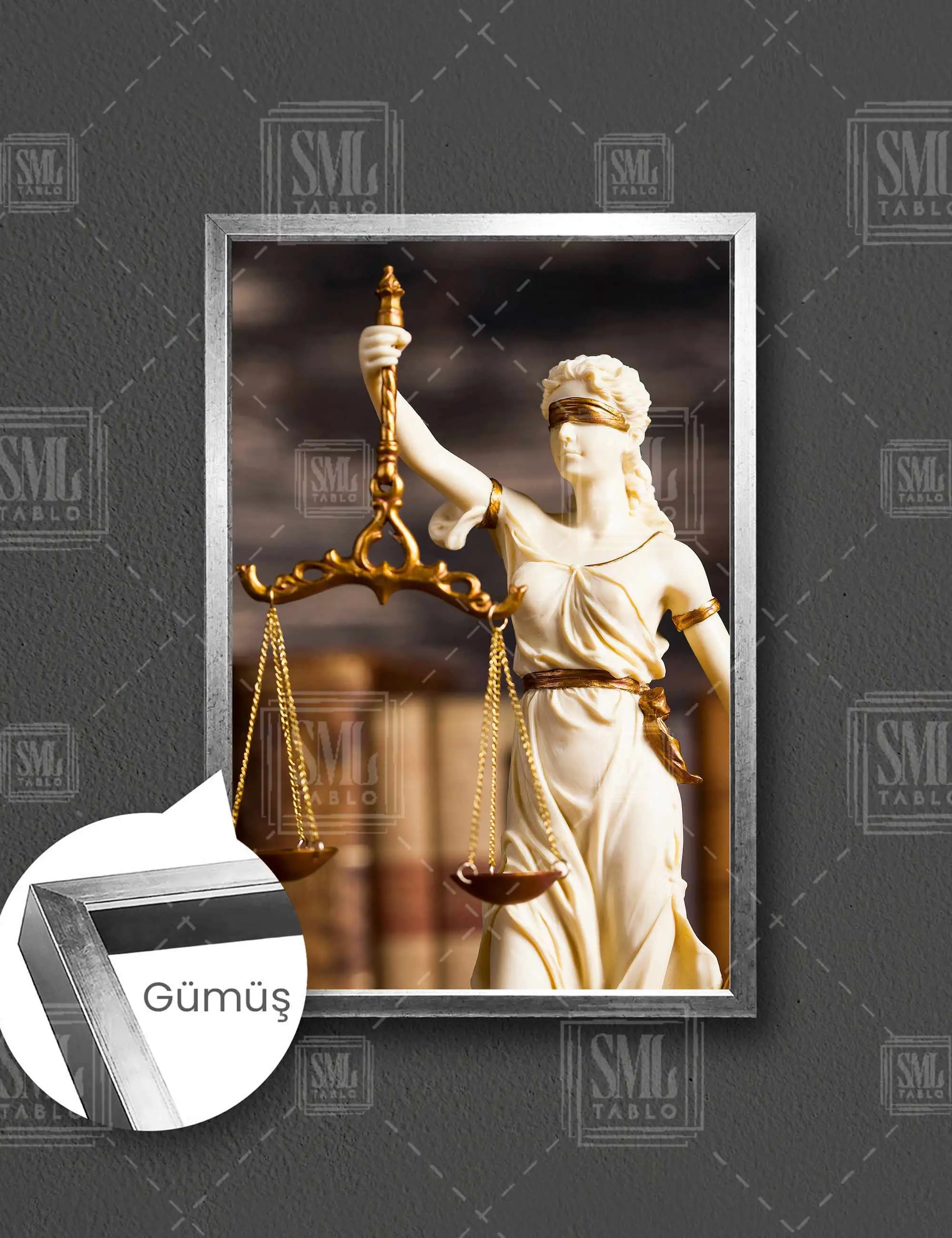 Themis Heykeli Gold Detaylı Hukuk Bürosu Dekor Çerçeveli Dikey Kanvas Tablo - Gümüş