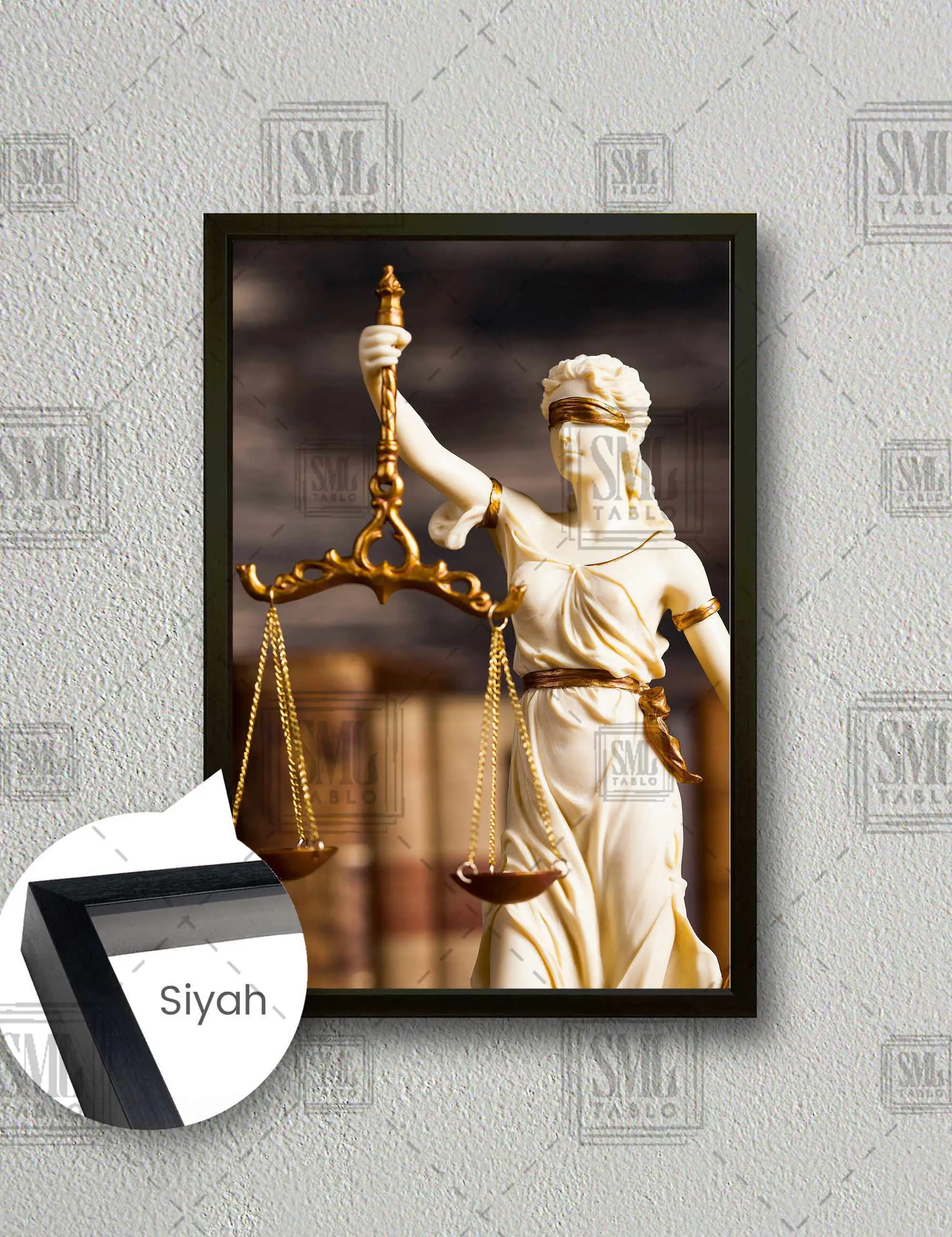 Themis Heykeli Gold Detaylı Hukuk Bürosu Dekor Çerçeveli Dikey Kanvas Tablo - Siyah