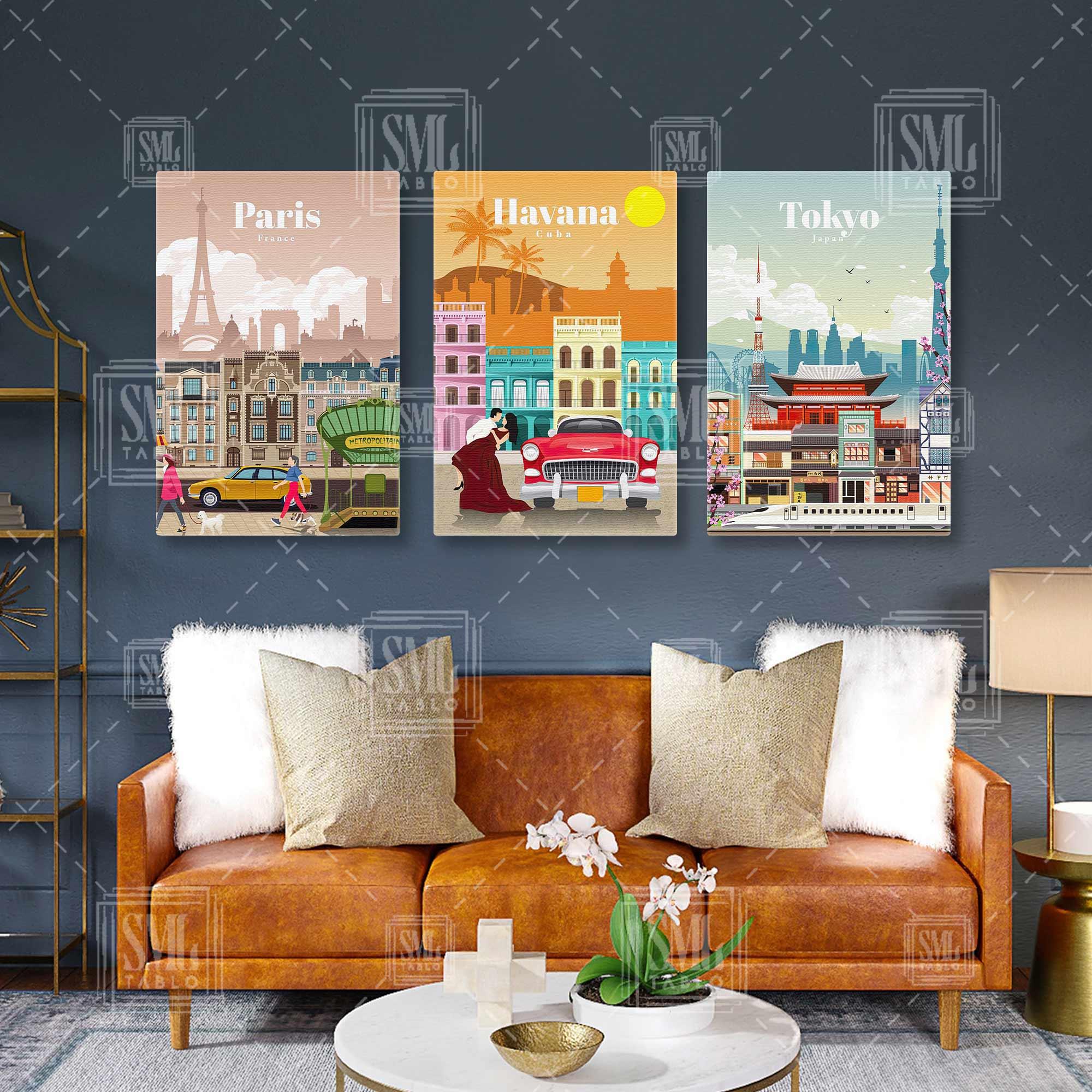 Tokyo Havana Paris Minimal İlüstrasyonlar Turistik Şehirler Üçlü Kombin 3 lü Set Kanvas Tablo Tokyo Havana Paris Minimal İlüstrasyonlar Turistik Şehirler Üçlü Kombin 3 lü Set Kanvas Tablo