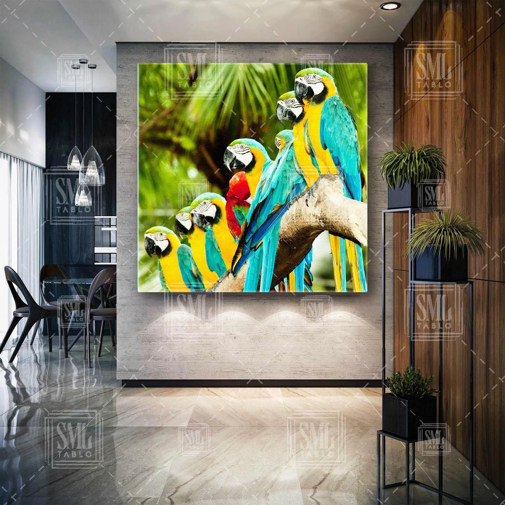 Tropik Orman Macaw Papağanı Kare Kanvas Tablo