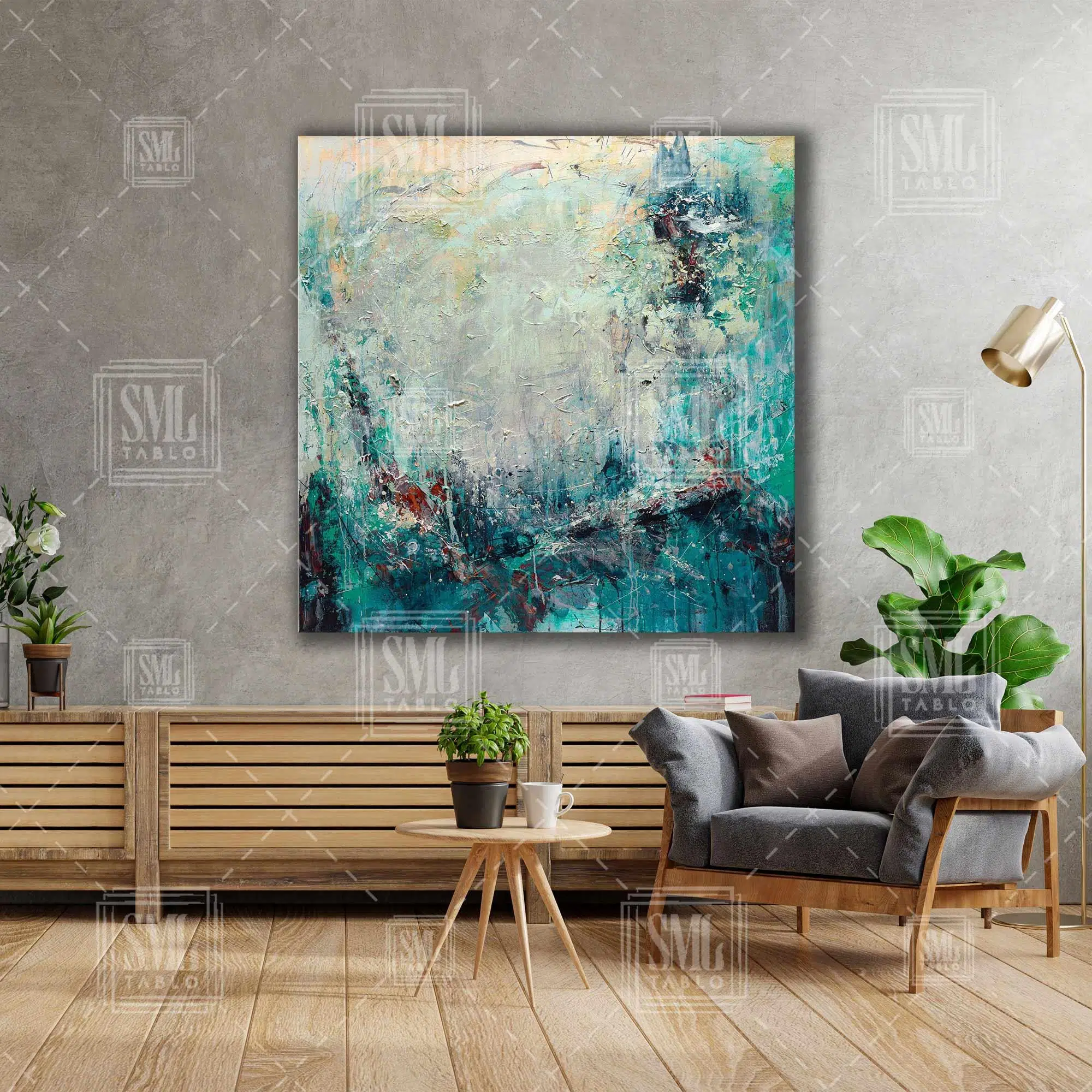 Turkuaz Su Yeşili Soyut Dekorasyon Modern Sanat Kare Kanvas Tablo