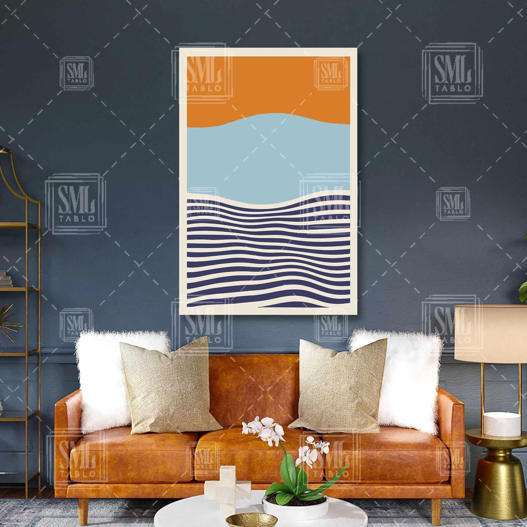 Turuncu Mavi Ve Lacivert Çizgili Boho Minimal Dikey Kanvas Tablo