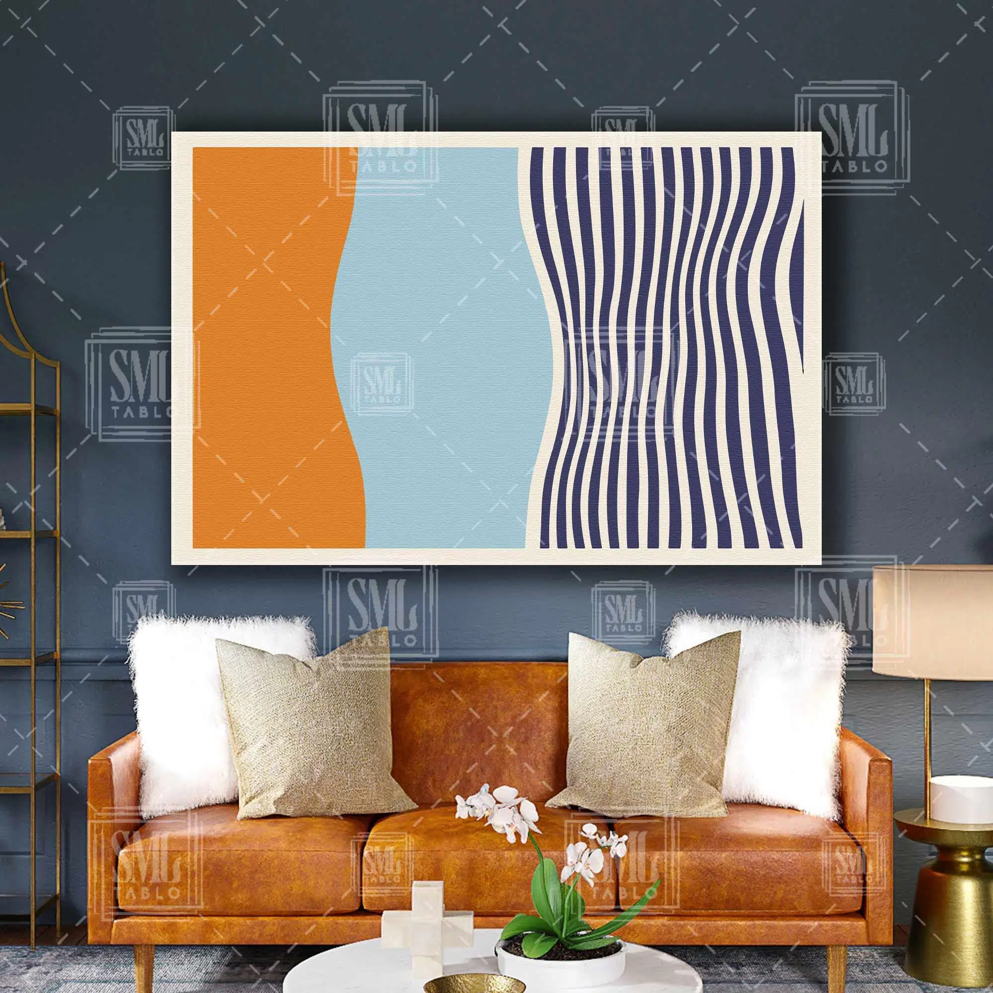 Turuncu Mavi Ve Lacivert Çizgili Boho Minimal Yatay Kanvas Tablo