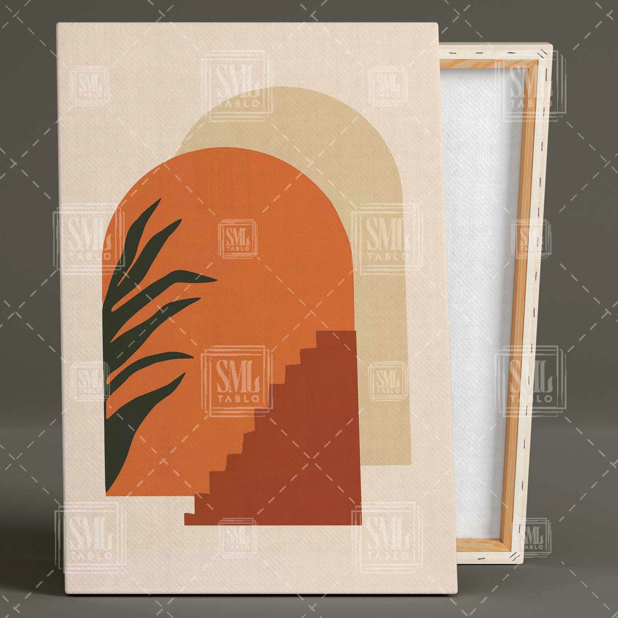 Turuncu Niş Merdiven Ve Bitki Minimal Boho Dikey Kanvas Tablo