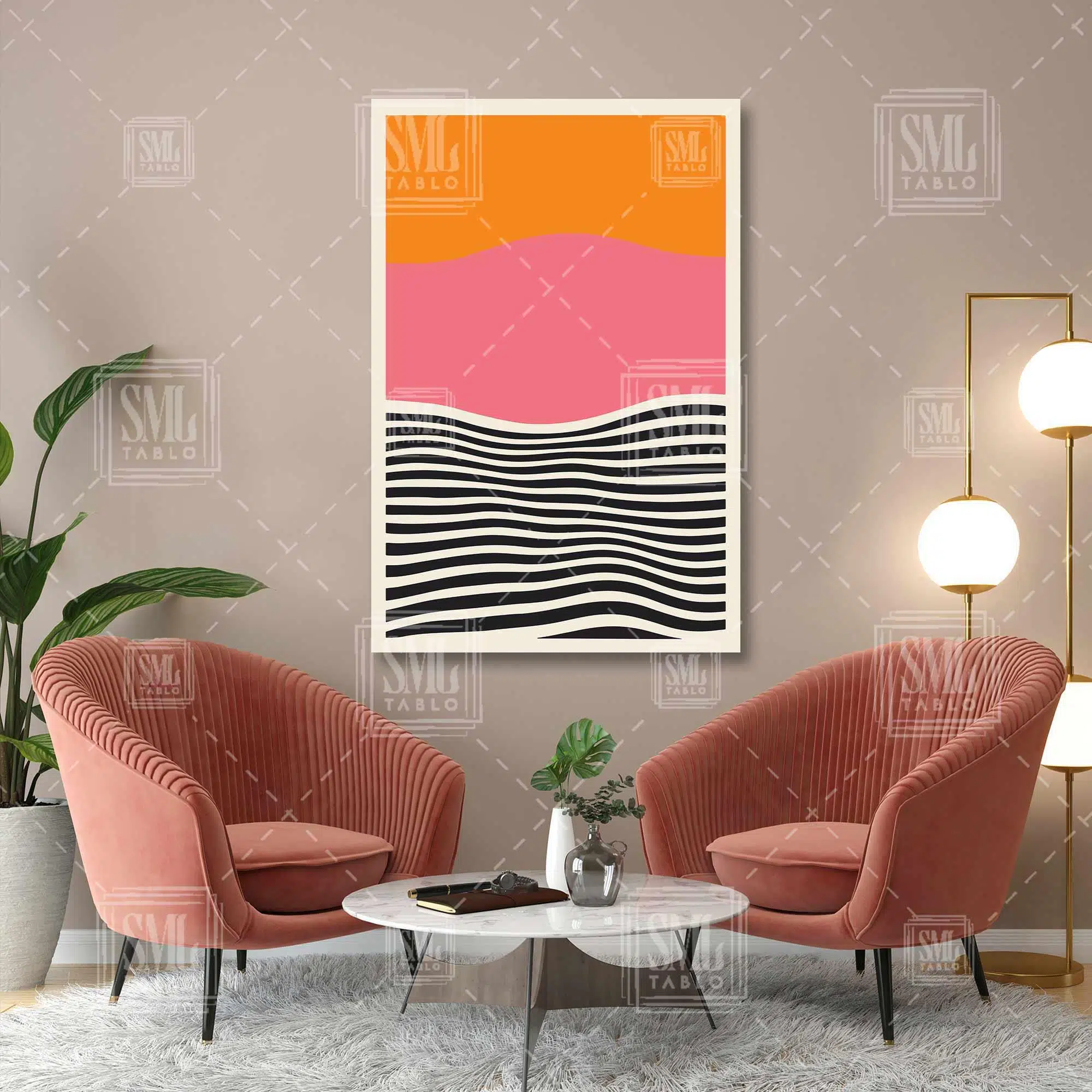 Turuncu Pembe Ve Siyah Çizgili Boho Minimal Dikey Kanvas Tablo