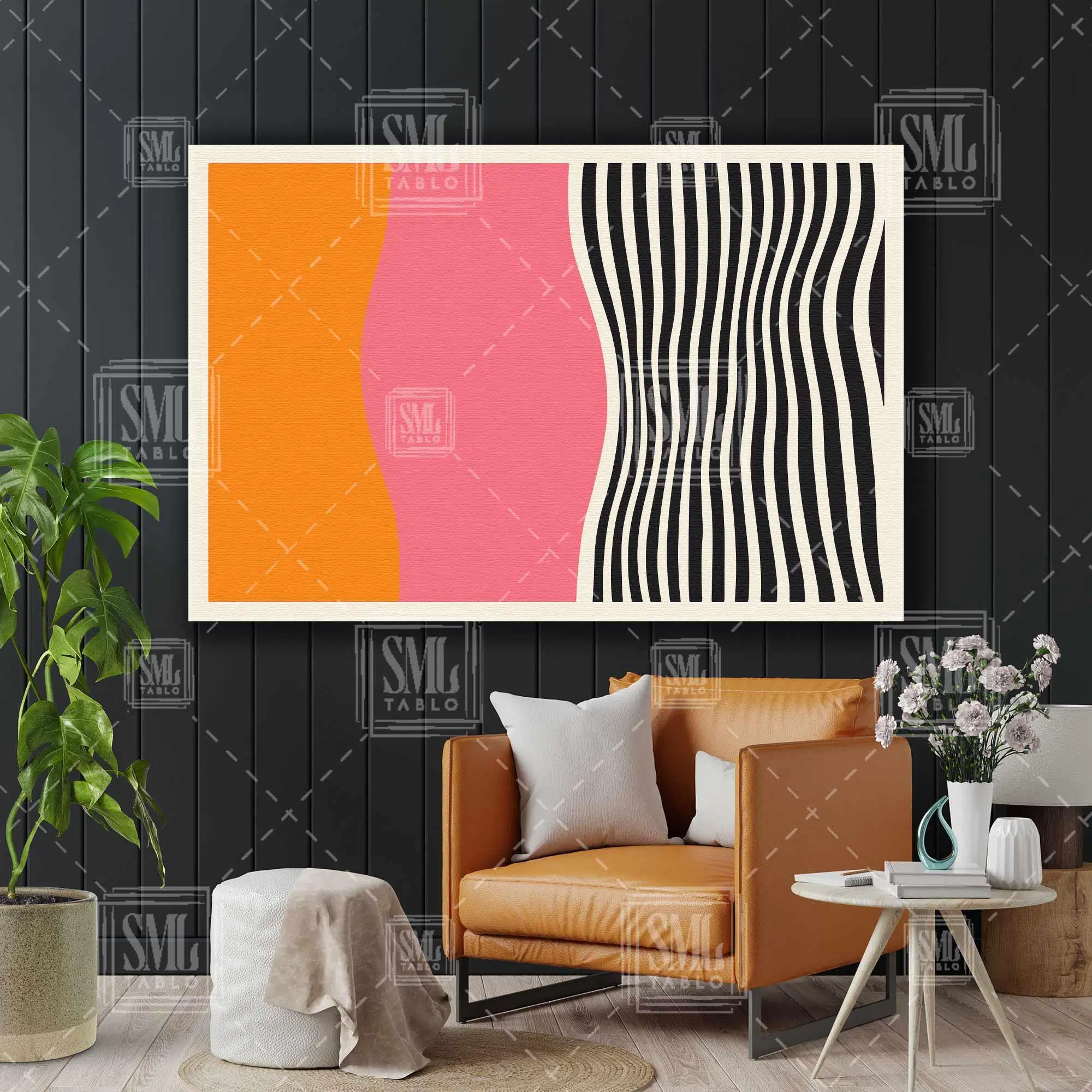 Turuncu Pembe Ve Siyah Çizgili Boho Minimal Yatay Kanvas Tablo