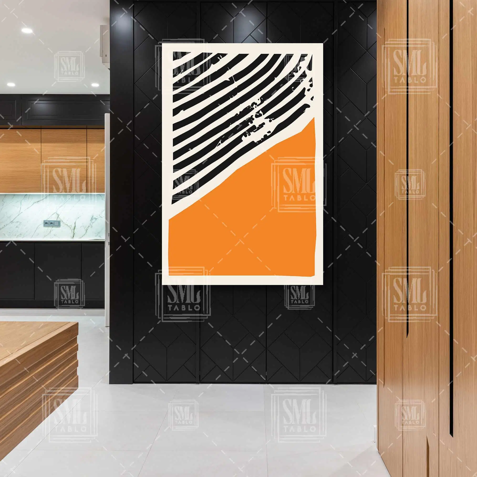 Turuncu Ve Siyah Yatay Çizgili Mid Century Minimal Dikey Kanvas Tablo