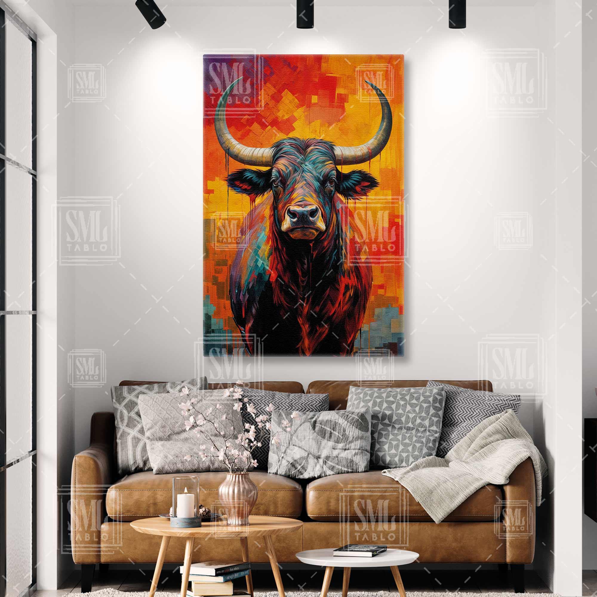 Renkli Boğa Rengarenk Dana Hırçın Tosun Boynuzlu İnek Bull Dikey Kanvas Tablo Renkli Boğa Rengarenk Dana Hırçın Tosun Boynuzlu İnek Bull Dikey Kanvas Tablo
